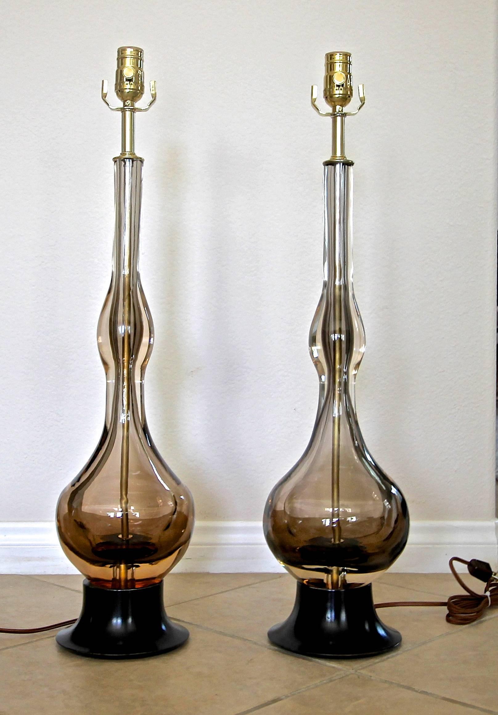 Pair of Flavio Poli Seguso Sommerso Murano Brown Glass Table Lamps In Good Condition In Palm Springs, CA