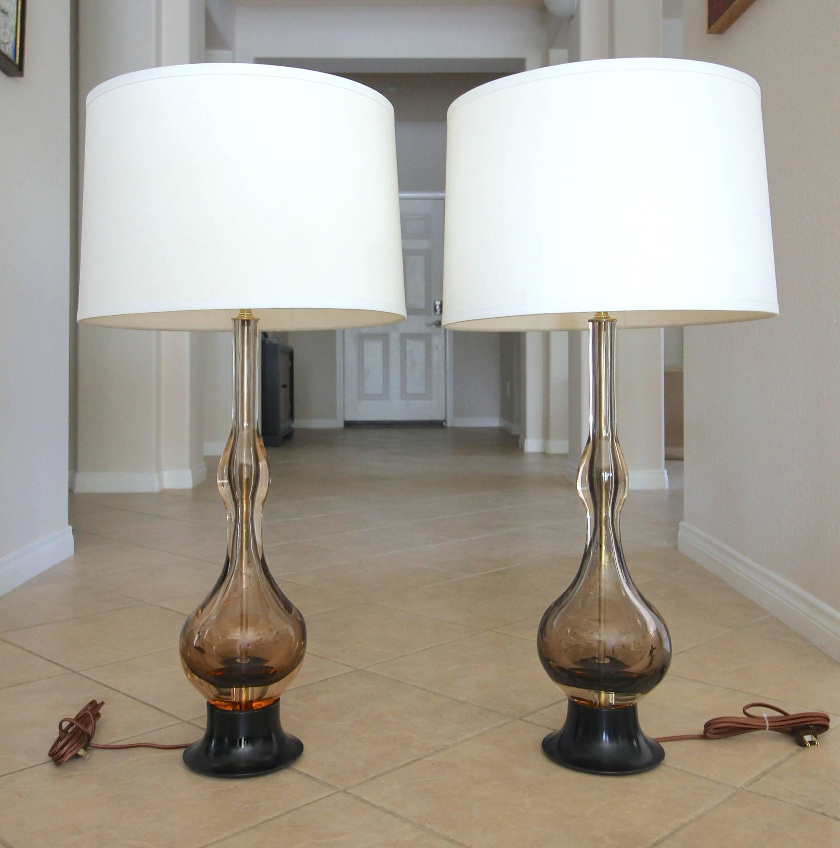 Brass Pair of Flavio Poli Seguso Sommerso Murano Brown Glass Table Lamps