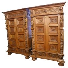 Antique Pair Flemish Carved Cabinets Wardrobe Closets Oak 1840