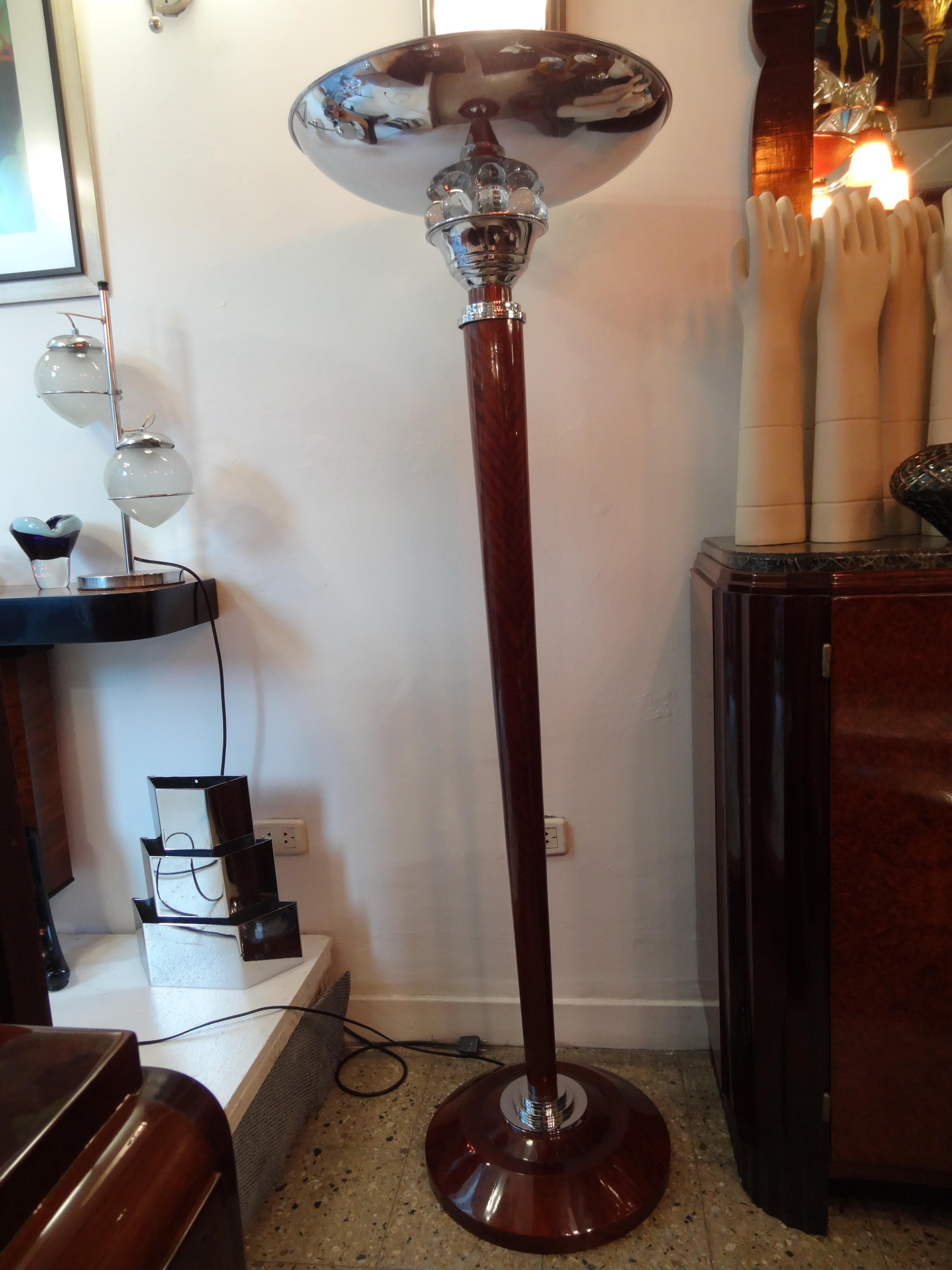 Pair Floor Lamps Art Deco 1920, France, Materials: Wood, Chrome and Glass For Sale 1
