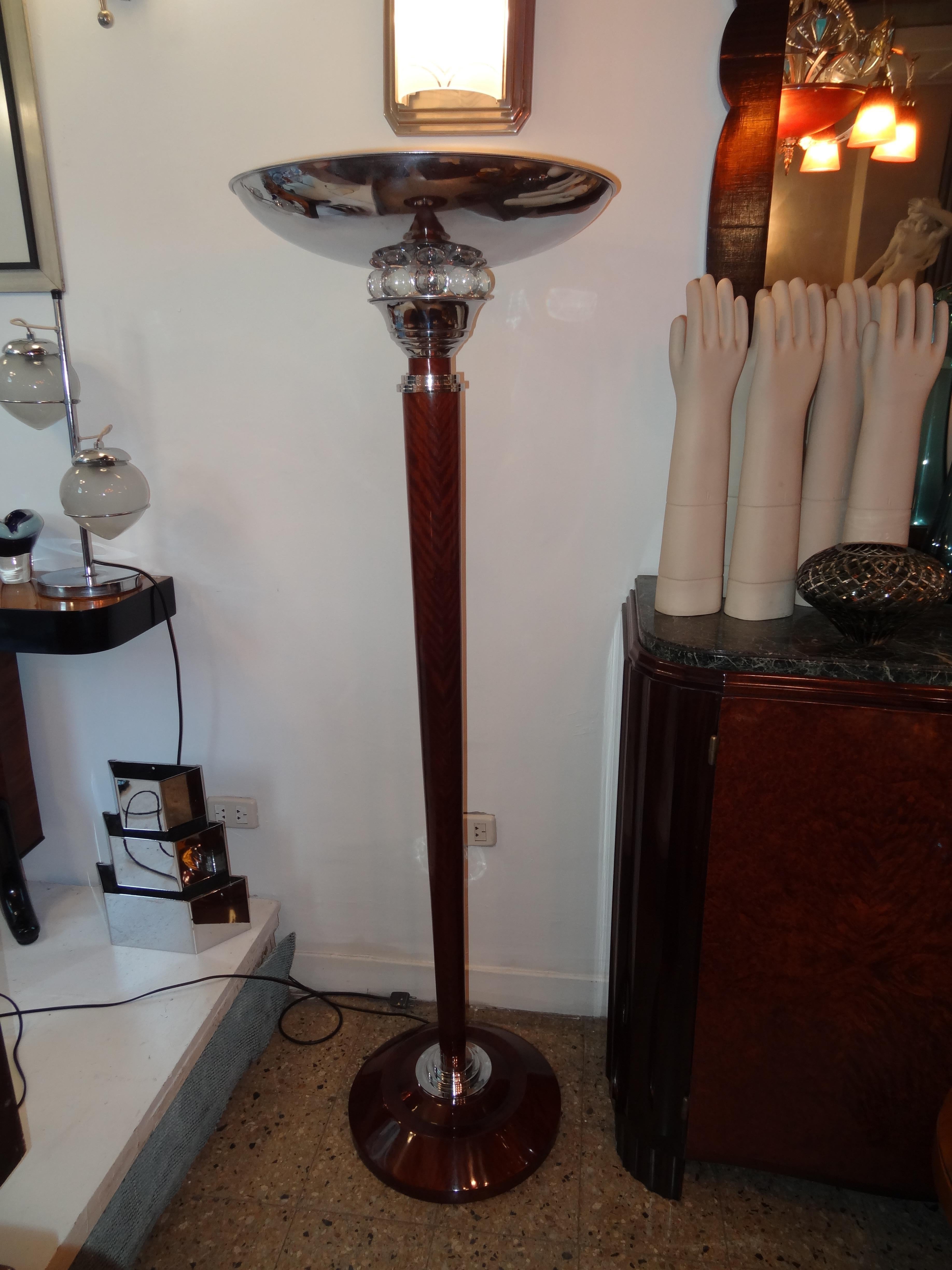 Pair Floor Lamps Art Deco 1920, France, Materials: Wood, Chrome and Glass For Sale 4