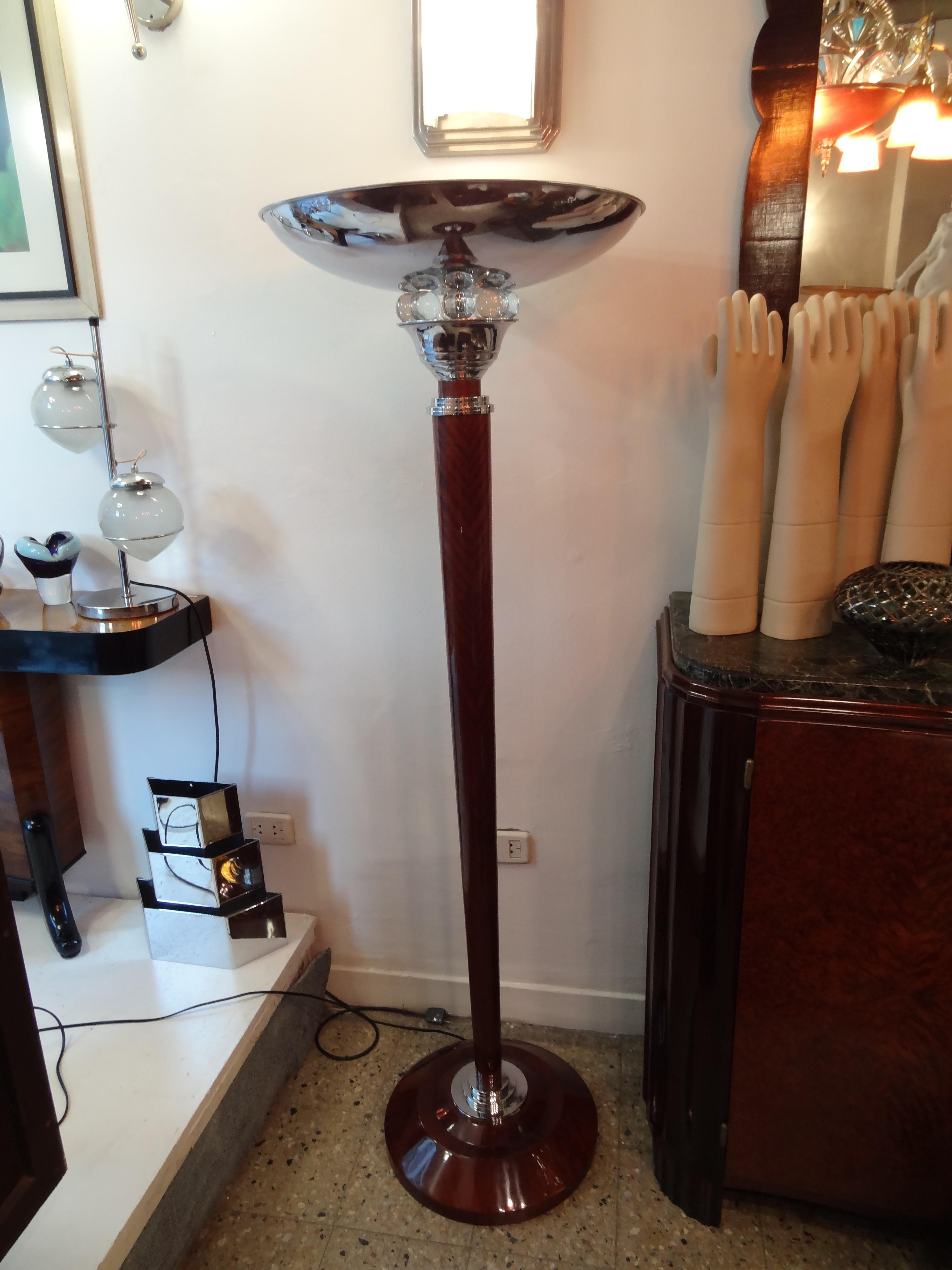 Pair Floor Lamps Art Deco 1920, France, Materials: Wood, Chrome and Glass For Sale 5