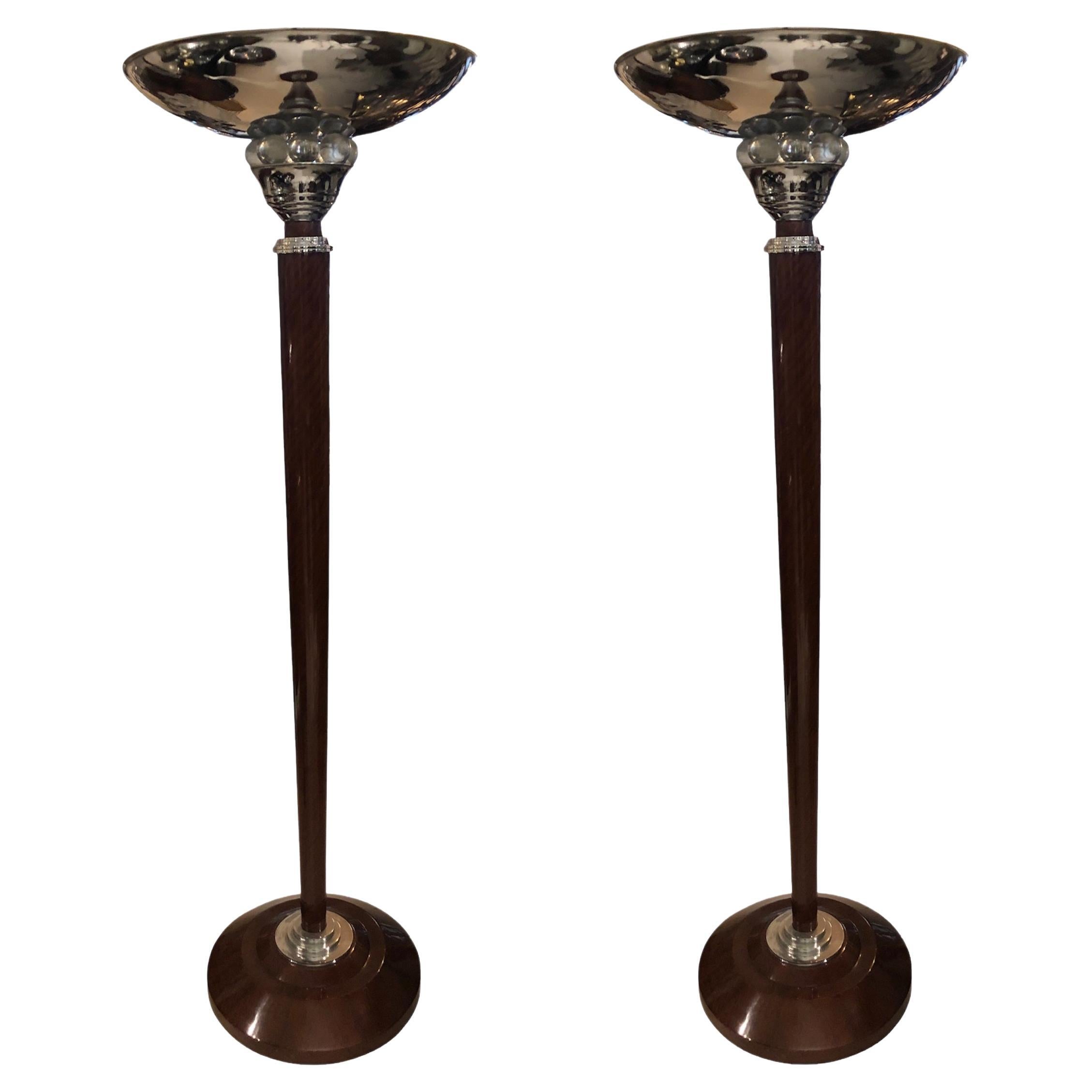 Pair Floor Lamps Art Deco 1920, France, Materials: Wood, Chrome and Glass For Sale