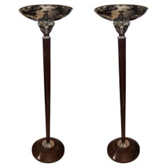 Vintage Pair Floor Lamps Art Deco 1920, France, Materials: Wood, Chrome and Glass