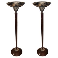 Pair Floor Lamps Art Deco 1920, France, Materials: Wood, Chrome and Glass