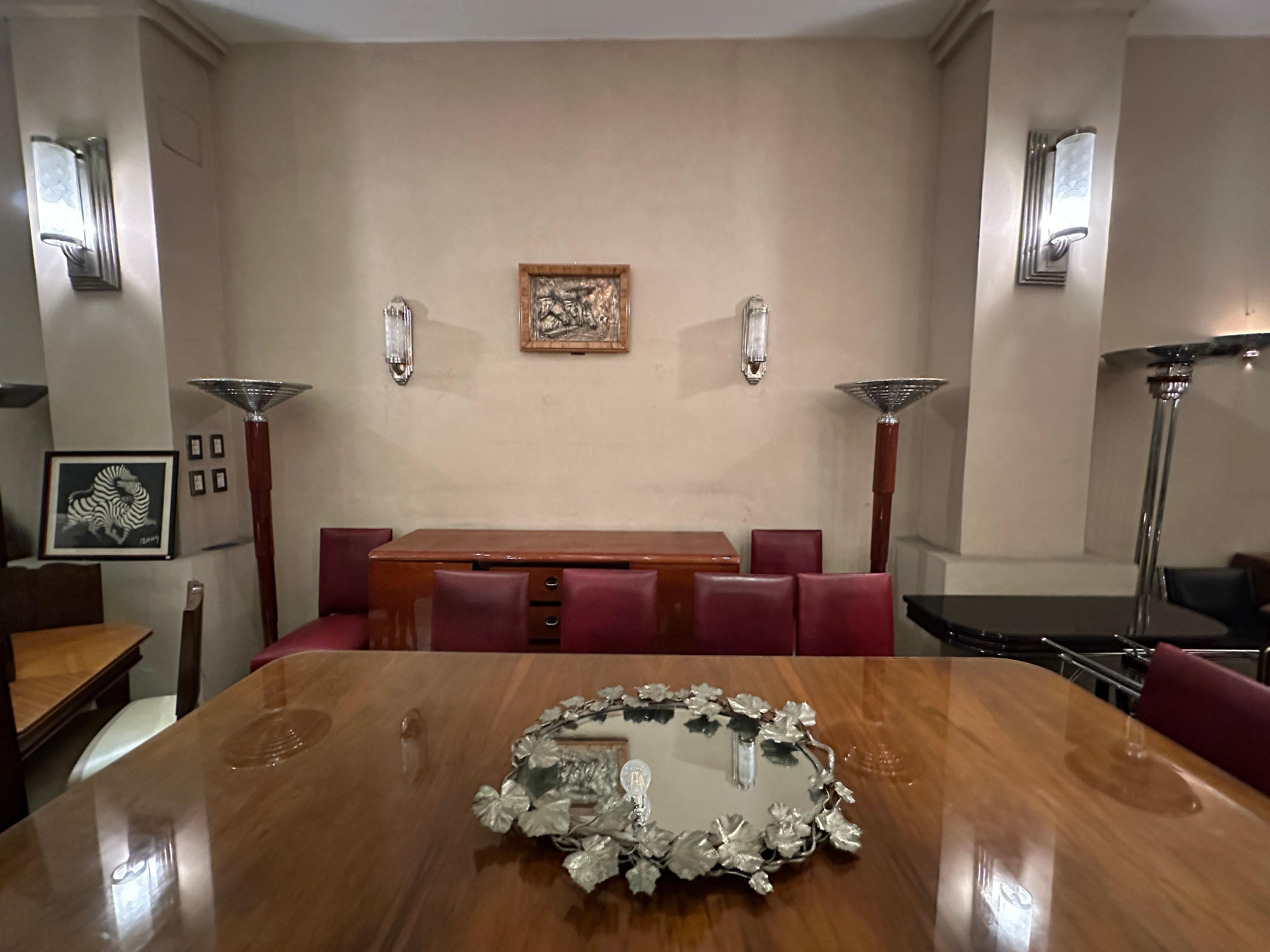 Paire de lampadaires Art Déco 1930, France, matériaux : bois, chrome et verre en vente 2