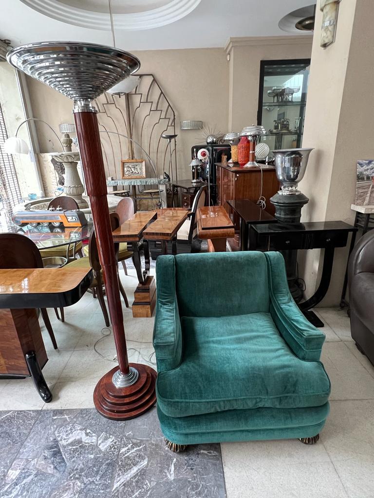Paire de lampadaires Art Déco 1930, France, matériaux : bois, chrome et verre en vente 3