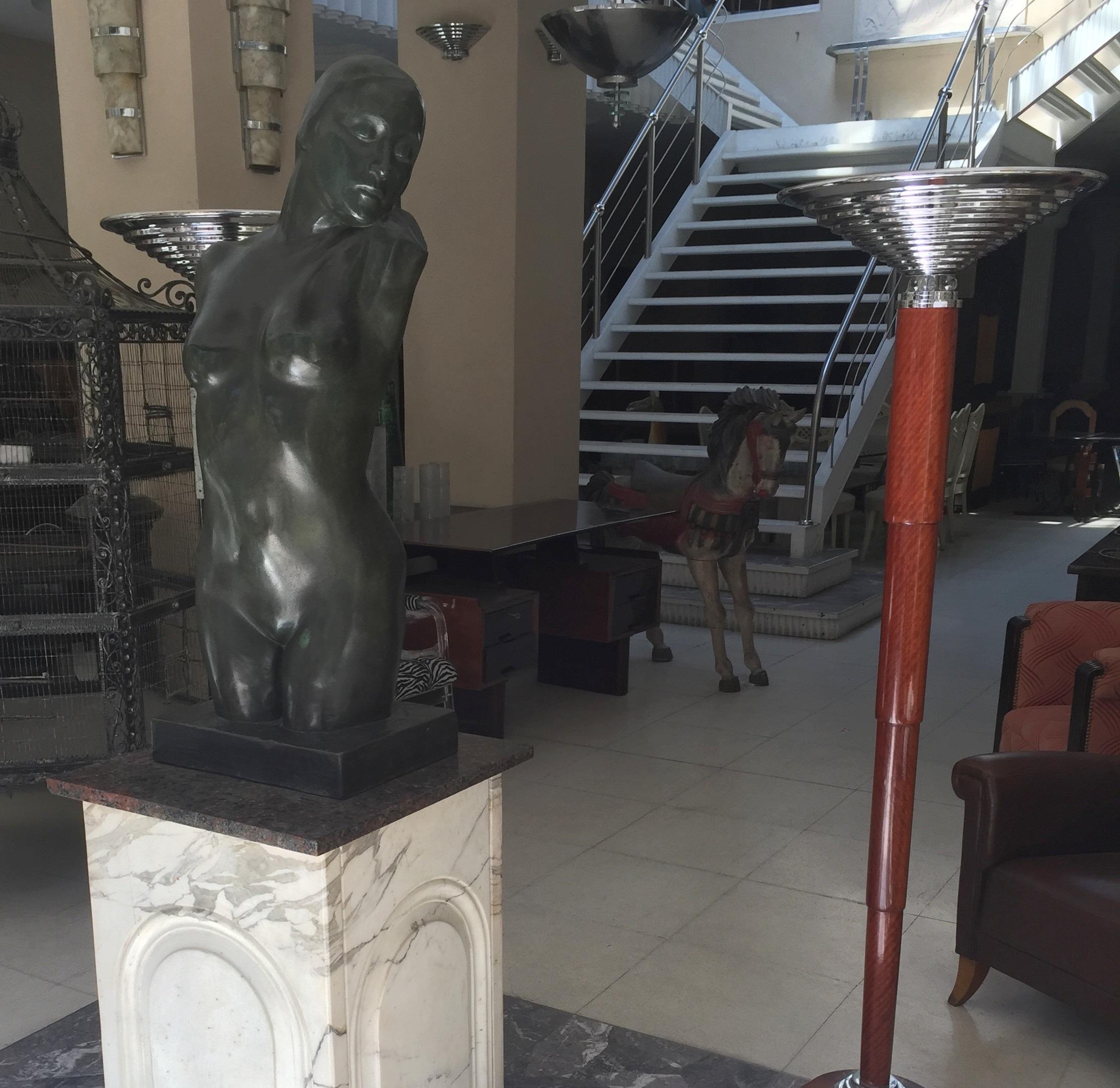 Pair Floor Lamps Art Deco 1930, France, Materials: Wood, Chrome and Glass For Sale 1