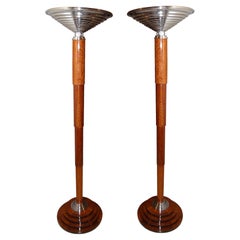 Vintage Pair Floor Lamps Art Deco 1930, France, Materials: Wood, Chrome and Glass