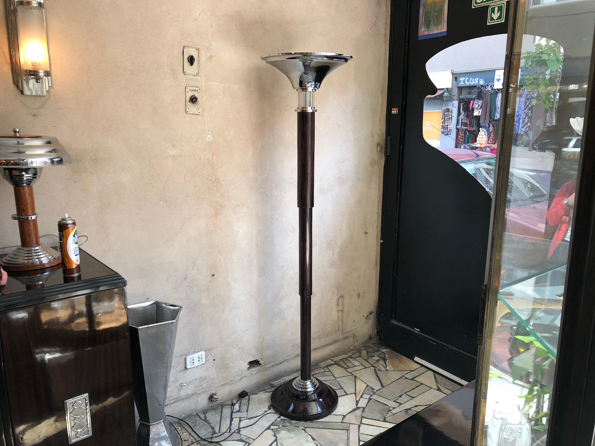 Mid-20th Century Pair Floor Lamps Art Deco 1930, France, Materials: Wood, Chrome and glass tubes For Sale