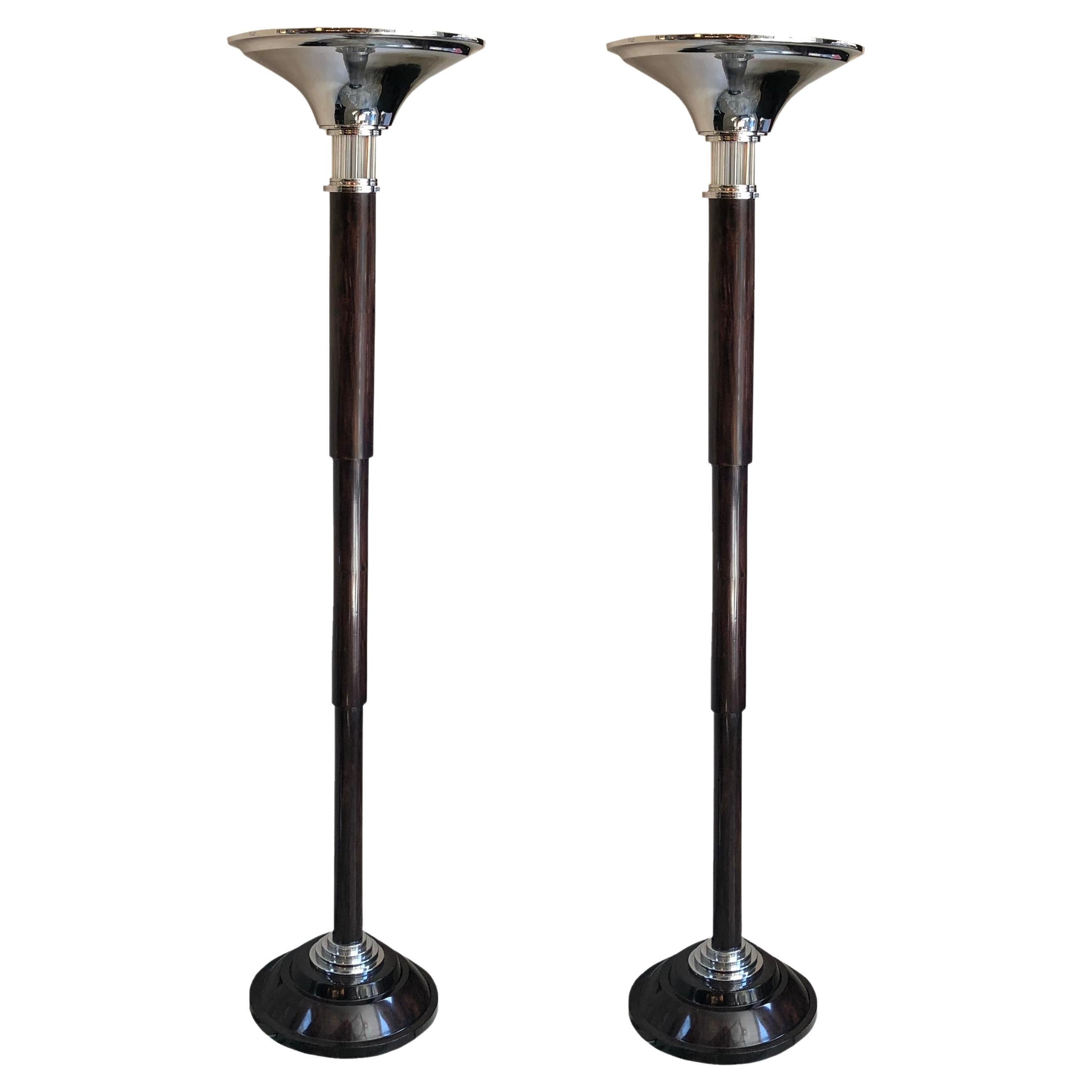 Pair Floor Lamps Art Deco 1930, France, Materials: Wood, Chrome and glass tubes