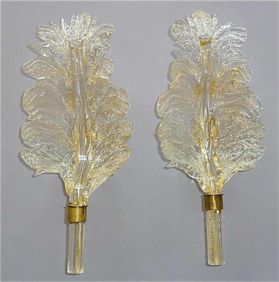 Pair of Floral Barovier & Toso Leaf Sconces Murano Art Glass Clear Golden, 1970s 3