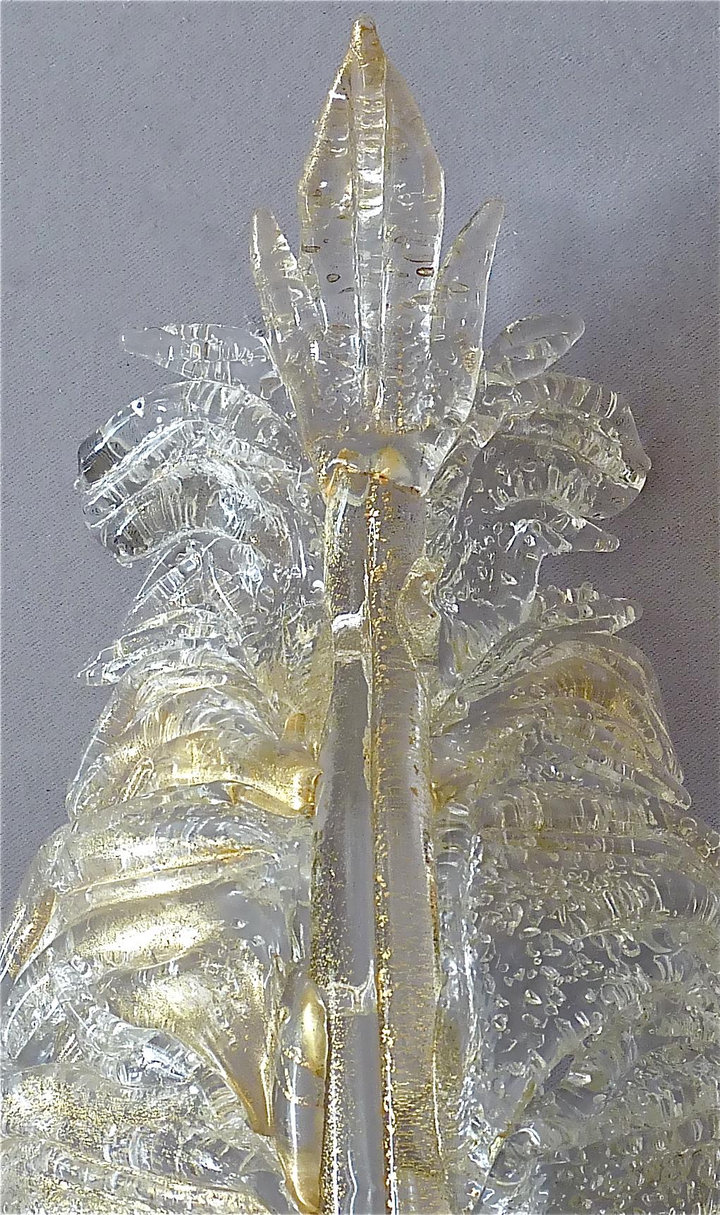 Pair of Floral Barovier & Toso Leaf Sconces Murano Art Glass Clear Golden, 1970s 5