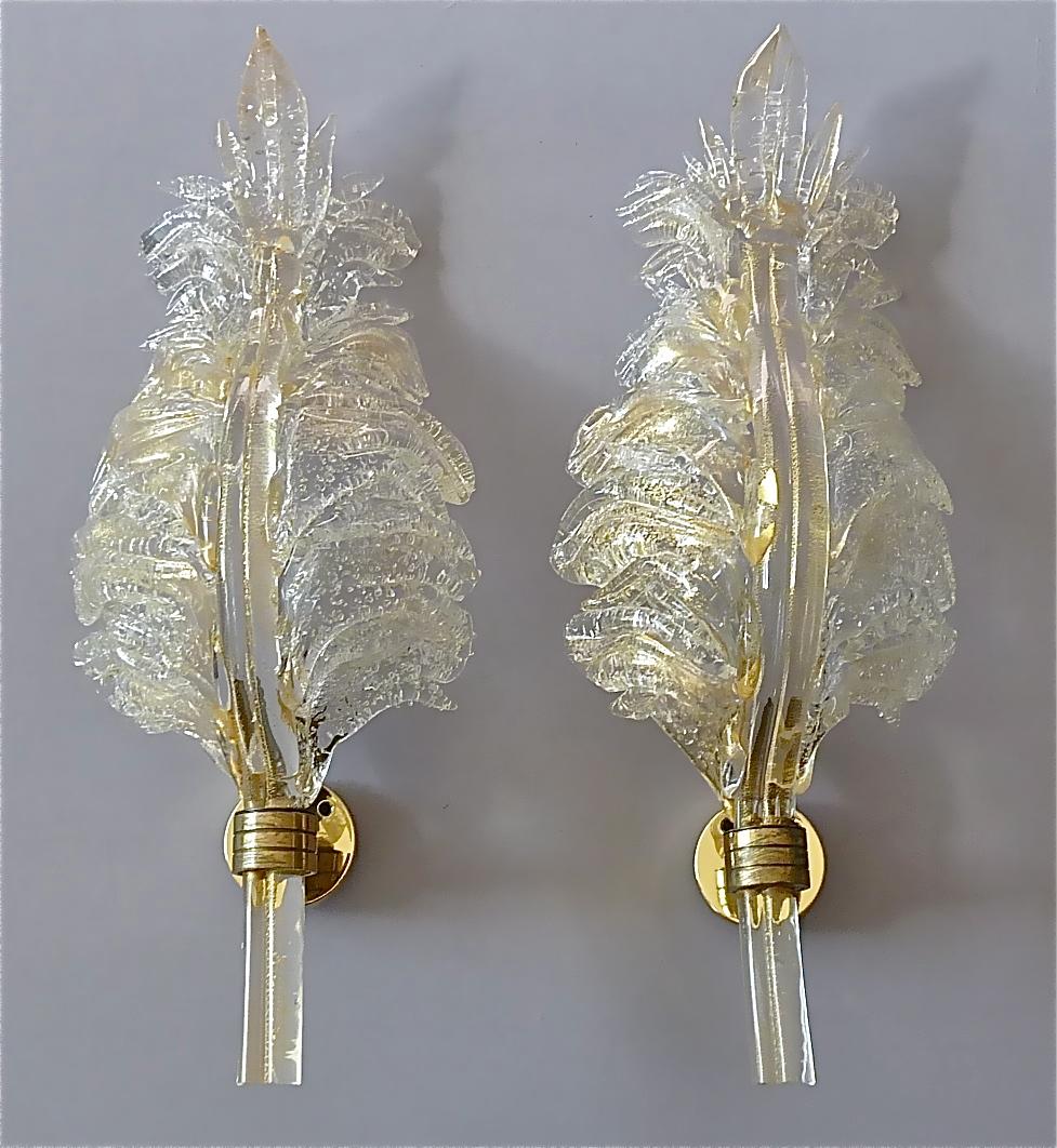 Pair of Floral Barovier & Toso Leaf Sconces Murano Art Glass Clear Golden, 1970s 11