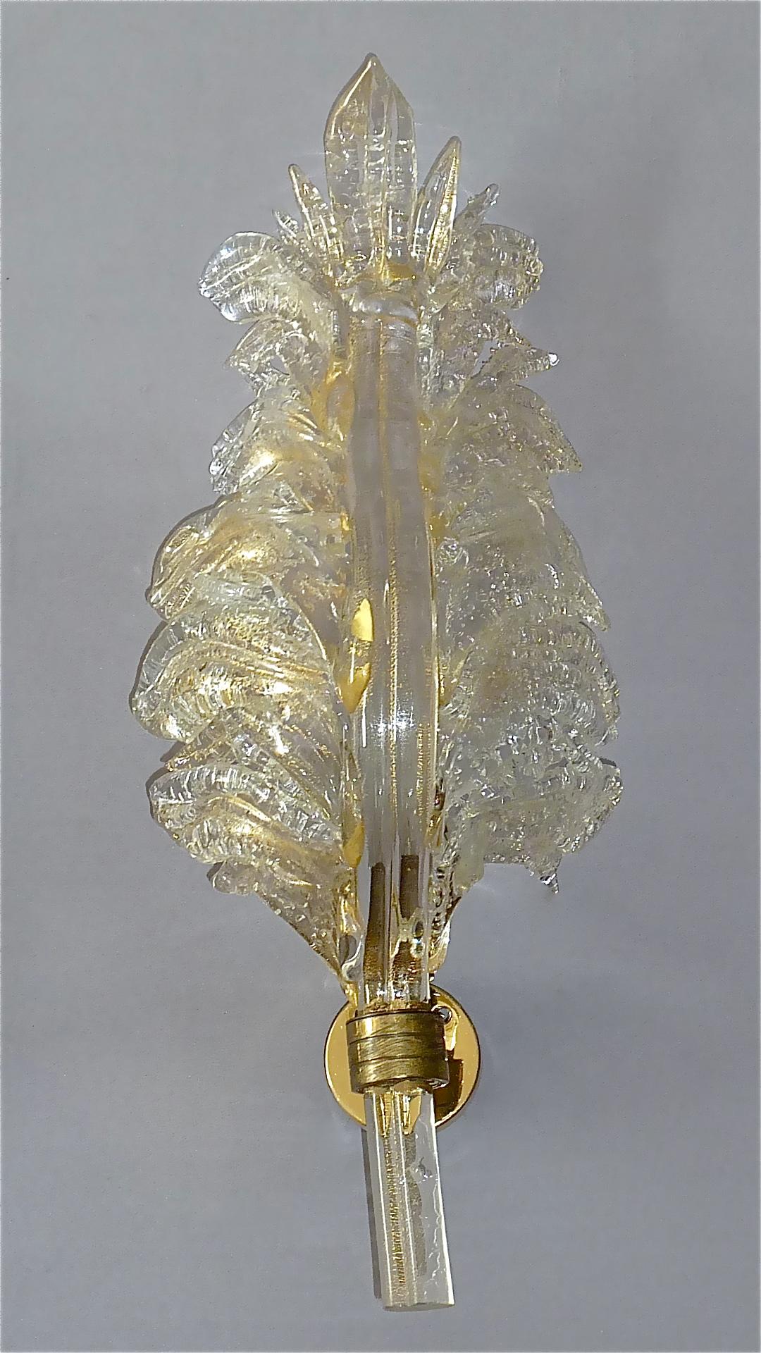 Italian Pair of Floral Barovier & Toso Leaf Sconces Murano Art Glass Clear Golden, 1970s