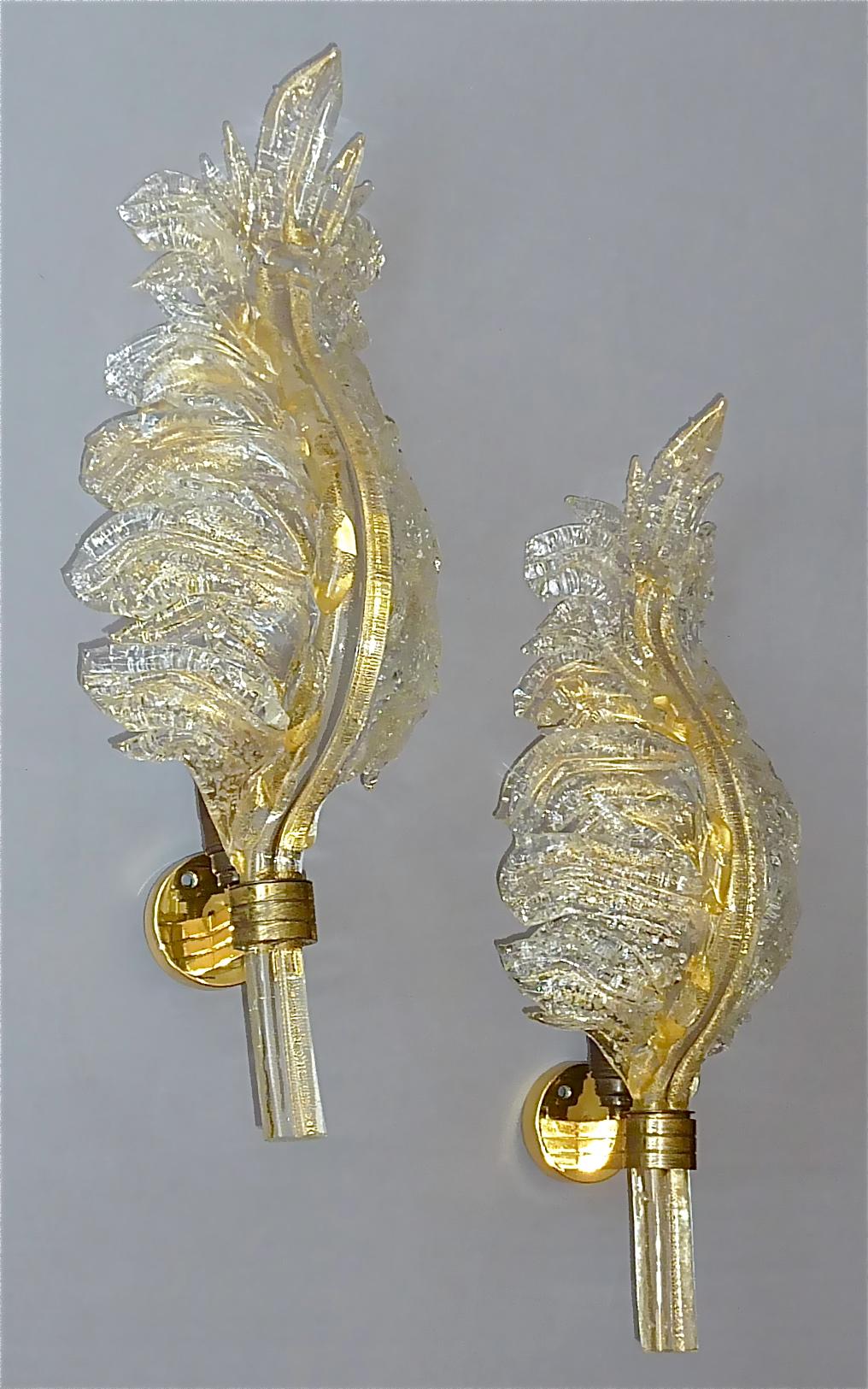 Pair of Floral Barovier & Toso Leaf Sconces Murano Art Glass Clear Golden, 1970s In Good Condition In Nierstein am Rhein, DE