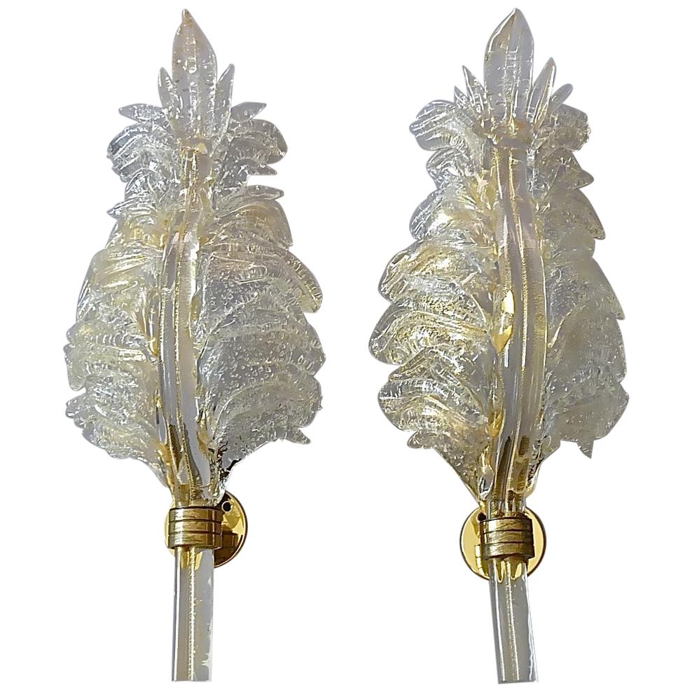 Pair of Floral Barovier & Toso Leaf Sconces Murano Art Glass Clear Golden, 1970s