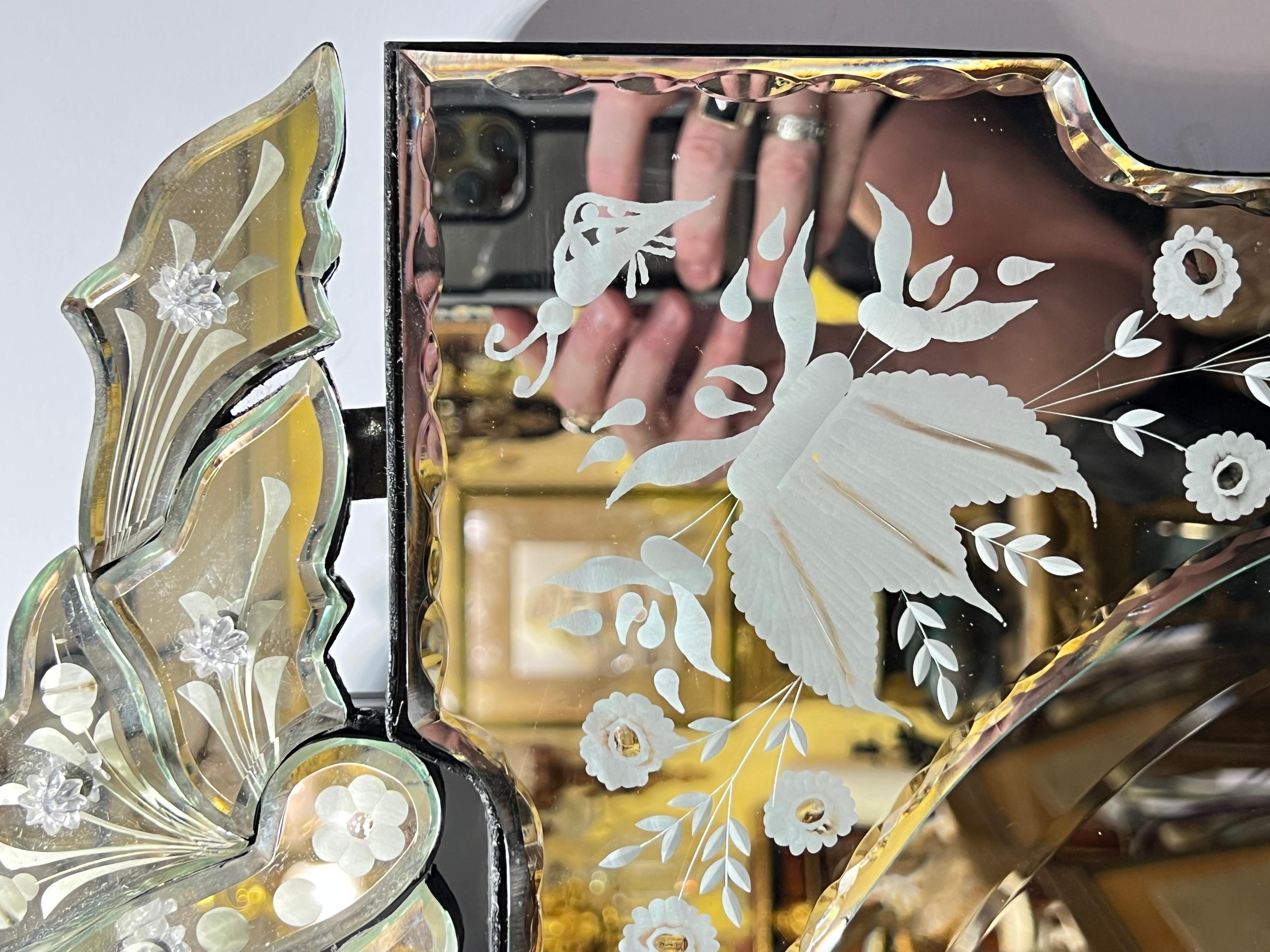 Italian Pair Floral Engraved Venetian Wall Mirrors For Sale