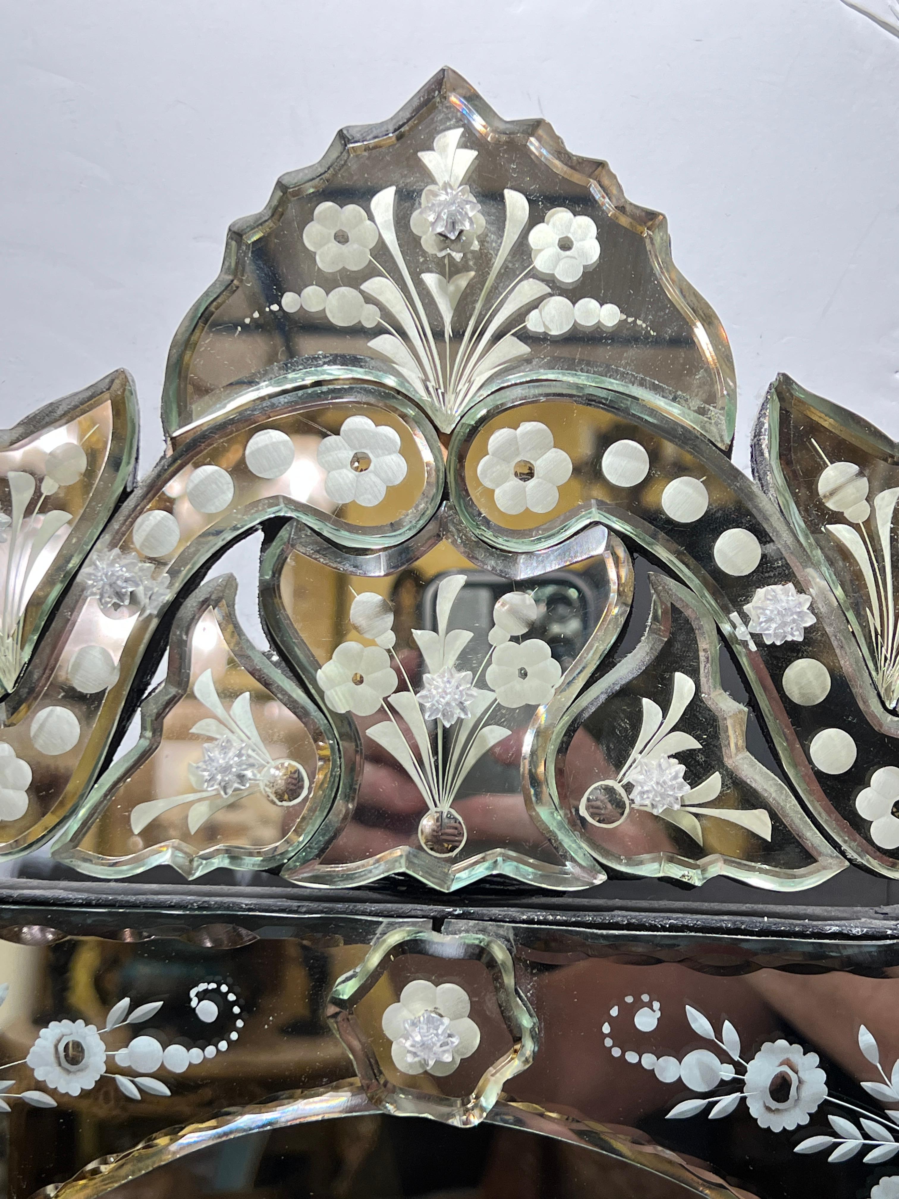 Silvered Pair Floral Engraved Venetian Wall Mirrors For Sale