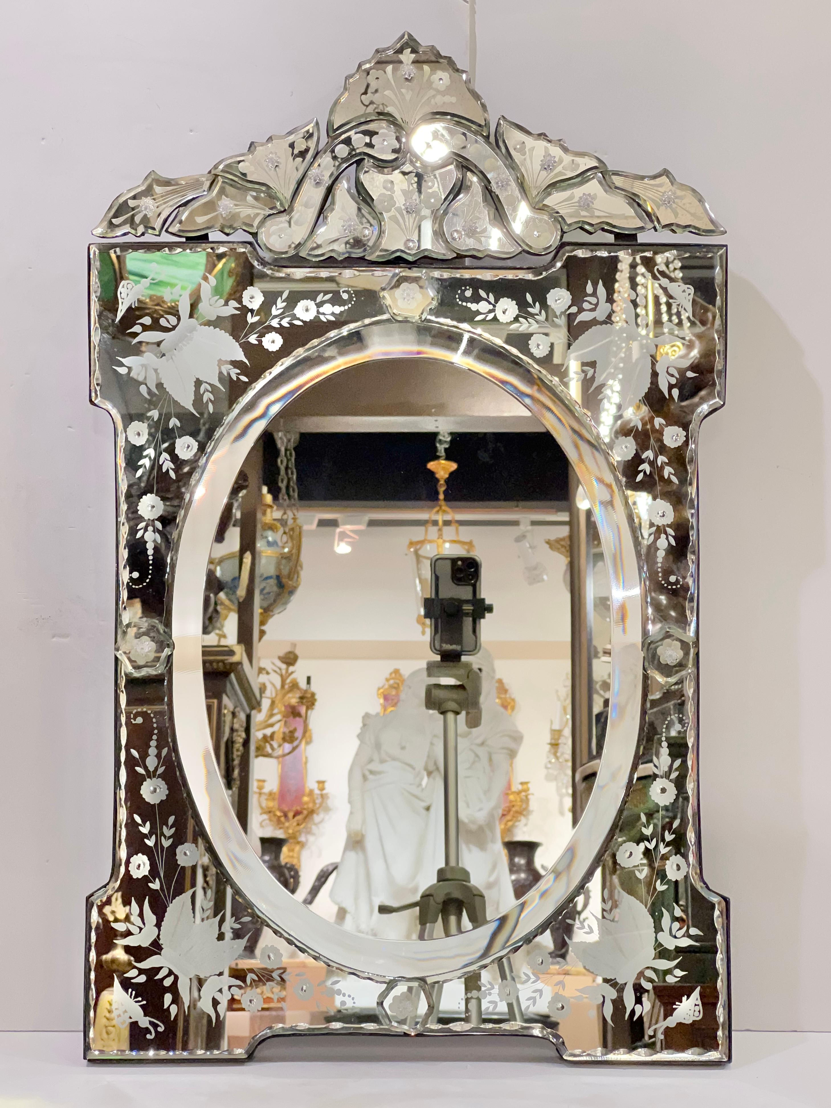 20th Century Pair Floral Engraved Venetian Wall Mirrors For Sale