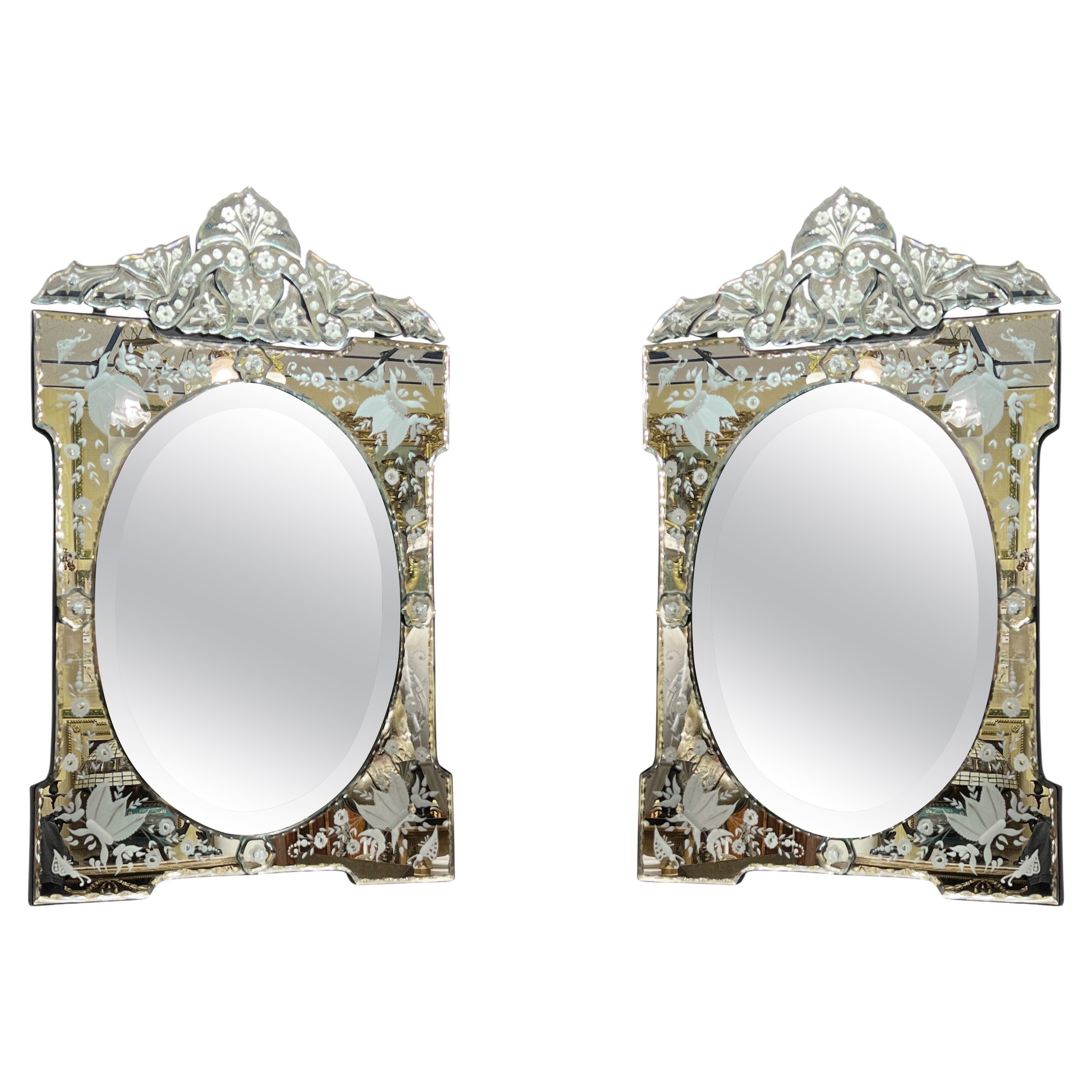 Pair Floral Engraved Venetian Wall Mirrors For Sale