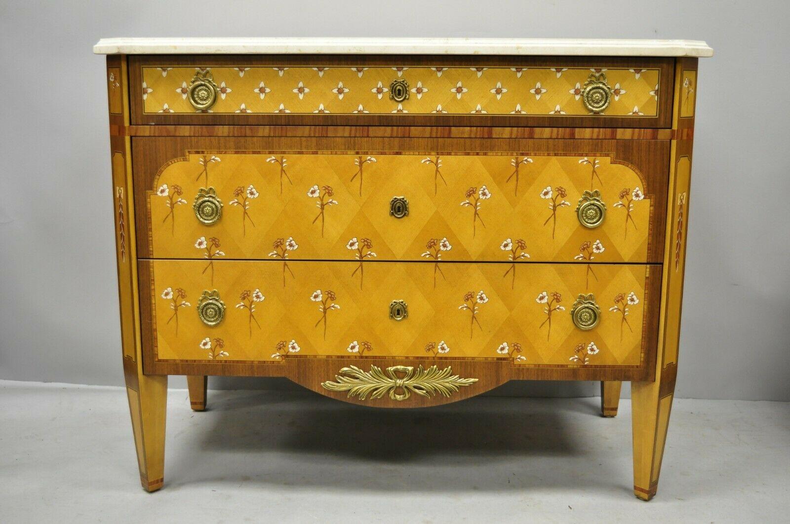 Pair Floral Painted Travertine Marble Top Commode Chest Dresser by E.J. Victor 5