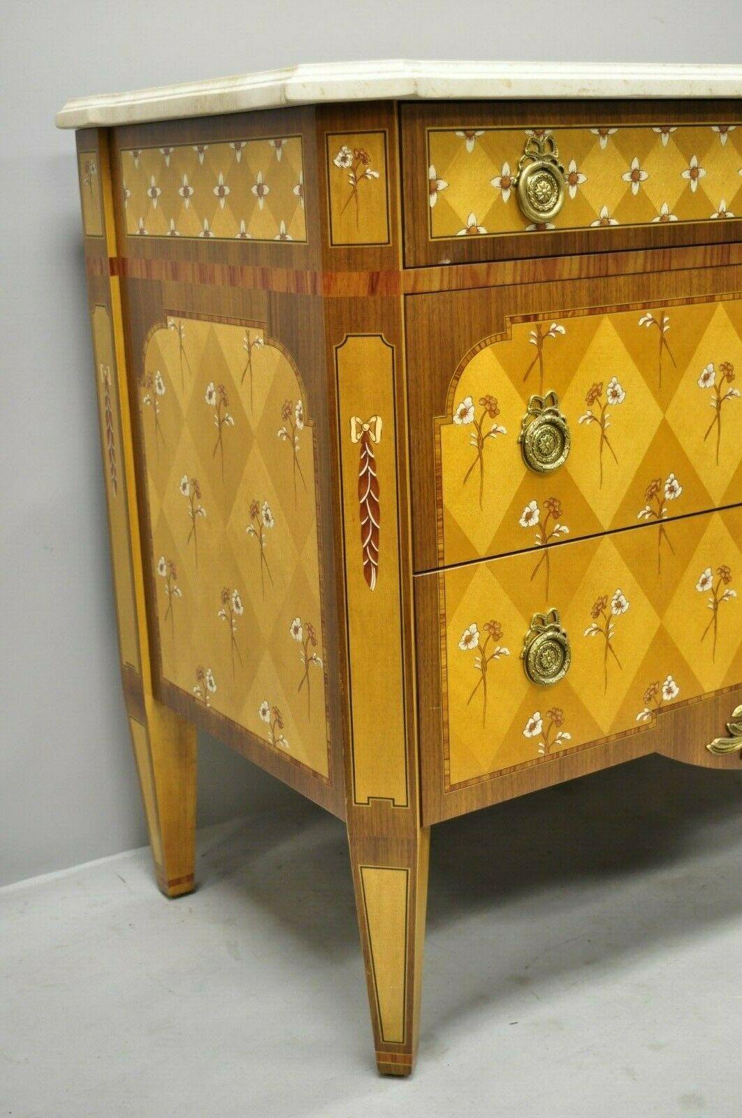 Adam Style Pair Floral Painted Travertine Marble Top Commode Chest Dresser by E.J. Victor