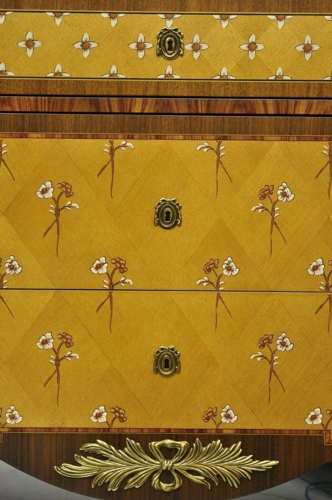 Pair Floral Painted Travertine Marble Top Commode Chest Dresser by E.J. Victor In Good Condition In Philadelphia, PA