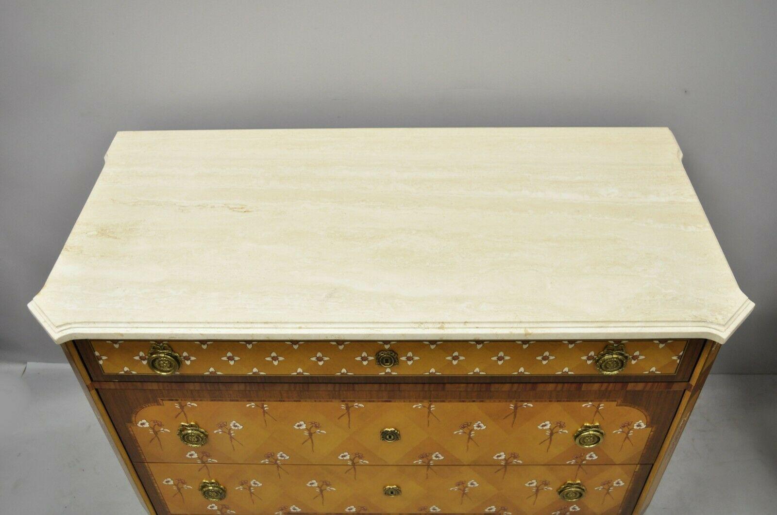 20th Century Pair Floral Painted Travertine Marble Top Commode Chest Dresser by E.J. Victor