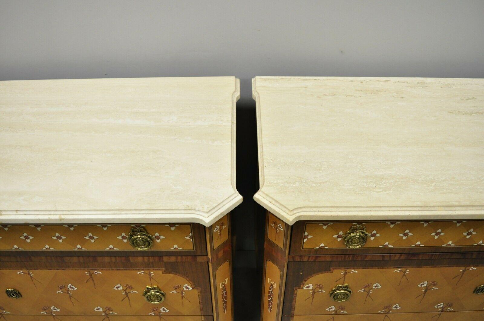 Pair Floral Painted Travertine Marble Top Commode Chest Dresser by E.J. Victor 2