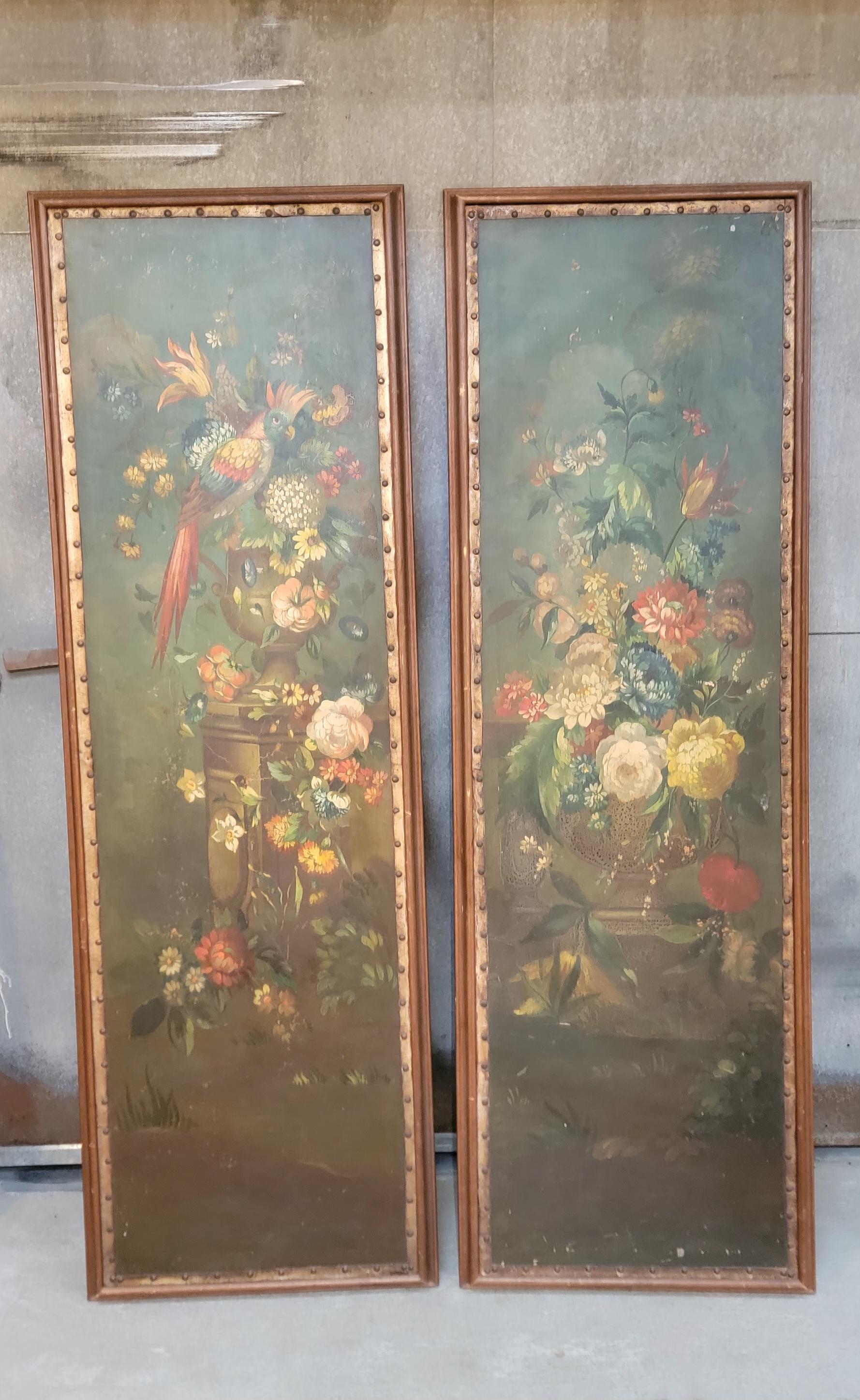 Blumen & Papageien Wandtafeln / Gemälde 1920er Jahre (Leder) im Angebot