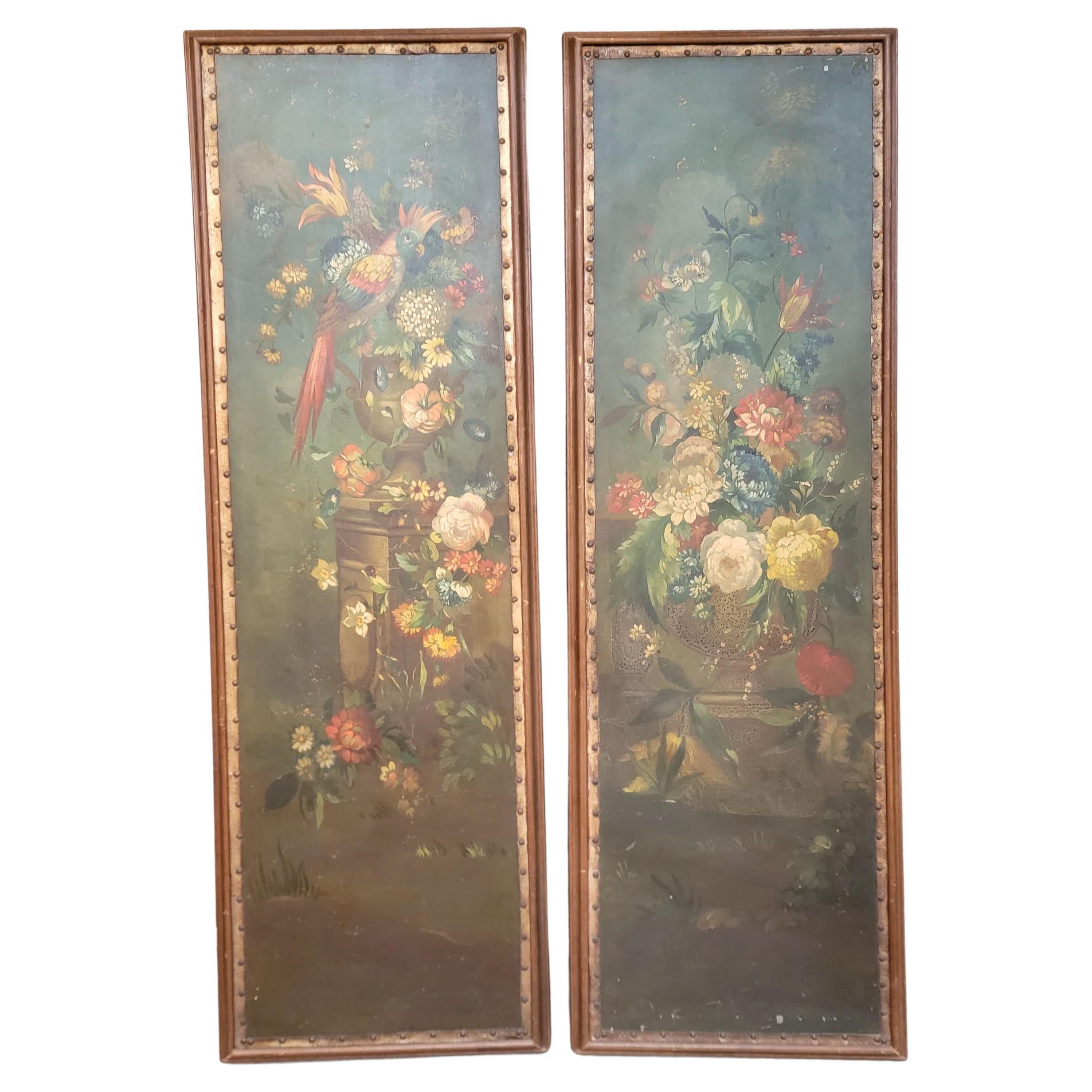 Floral & Parrot Wall Panels / Paintings 1920's For Sale