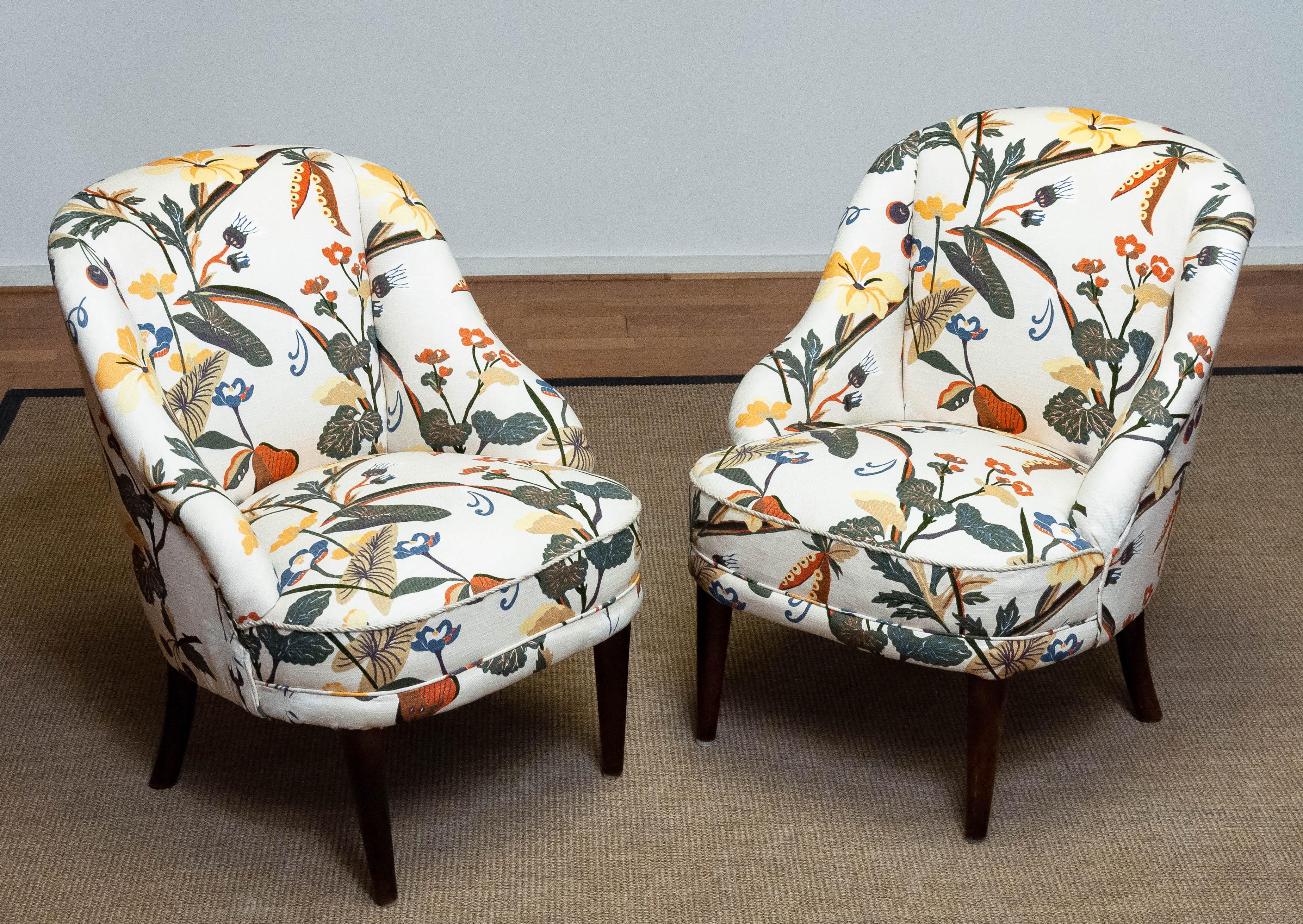 Mid-Century Modern Pair Floral Printed Linen, J Frank Style, New Upholstered Danish Slipper Chairs For Sale