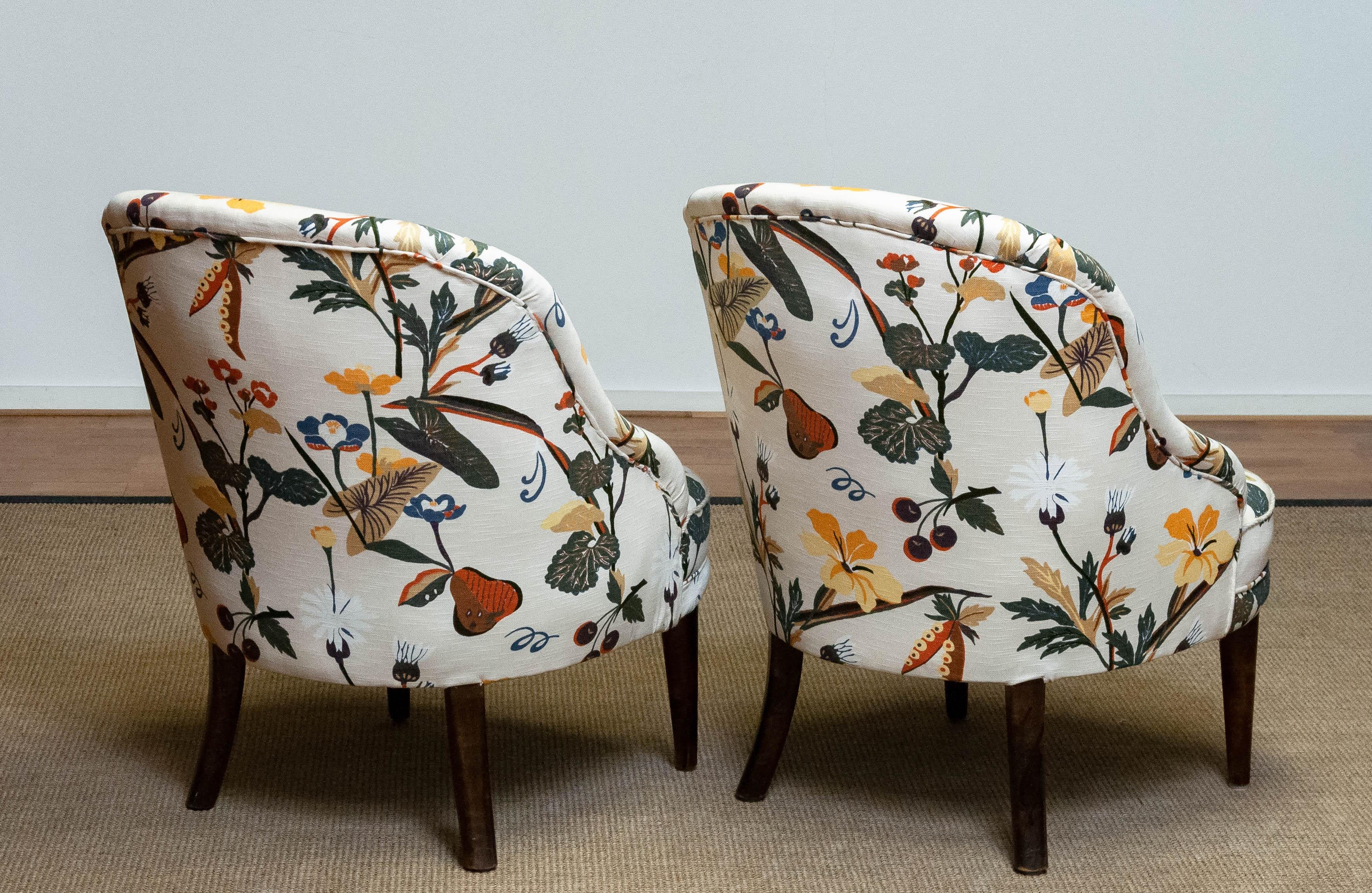 Mid-20th Century Pair Floral Printed Linen, J Frank Style, New Upholstered Danish Slipper Chairs For Sale
