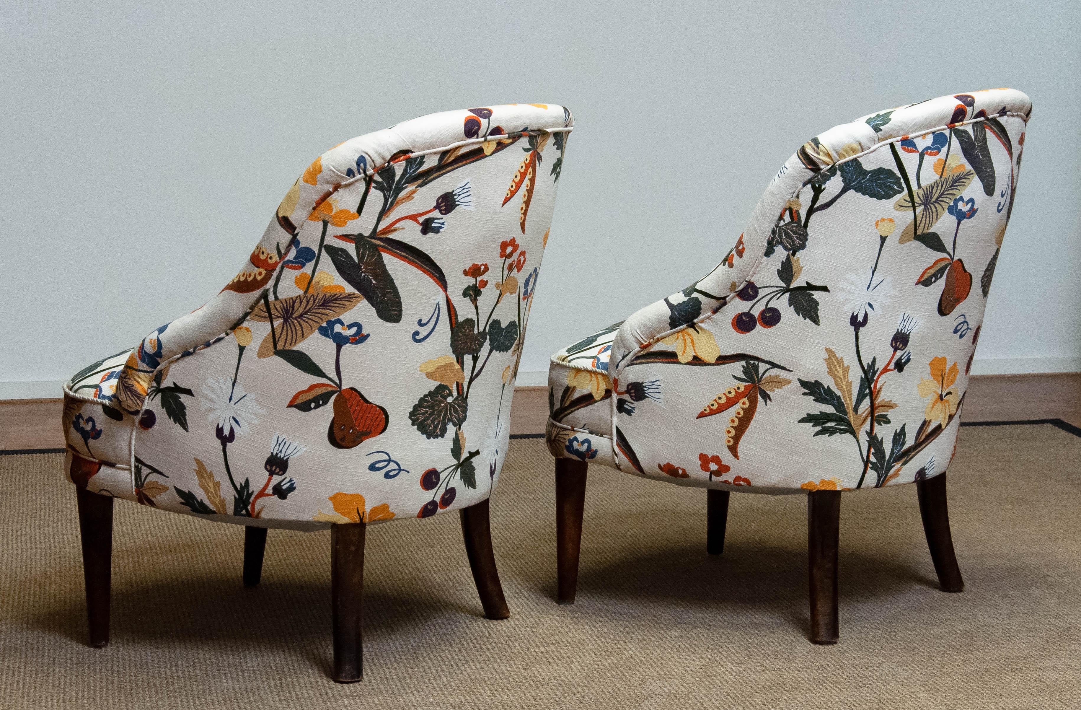 Pair Floral Printed Linen, J Frank Style, New Upholstered Danish Slipper Chairs For Sale 2