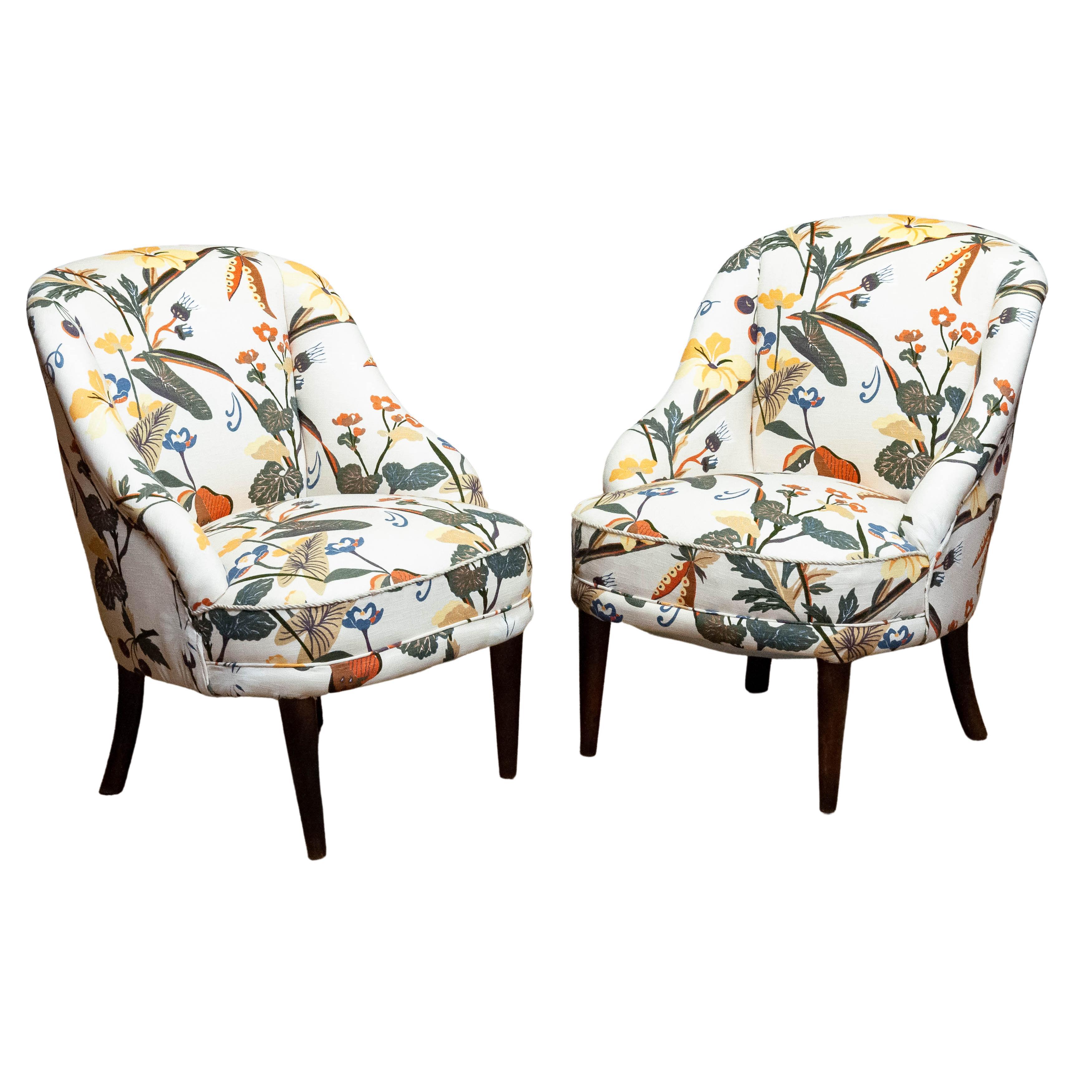 Pair Floral Printed Linen, J Frank Style, New Upholstered Danish Slipper Chairs For Sale