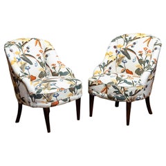 Vintage Pair Floral Printed Linen, J Frank Style,  New Upholstered Danish Slipper Chairs