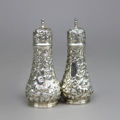 Pair Floral Repousse Sterling Silver Salt & Peppers by S. Kirk & Sons, c1890