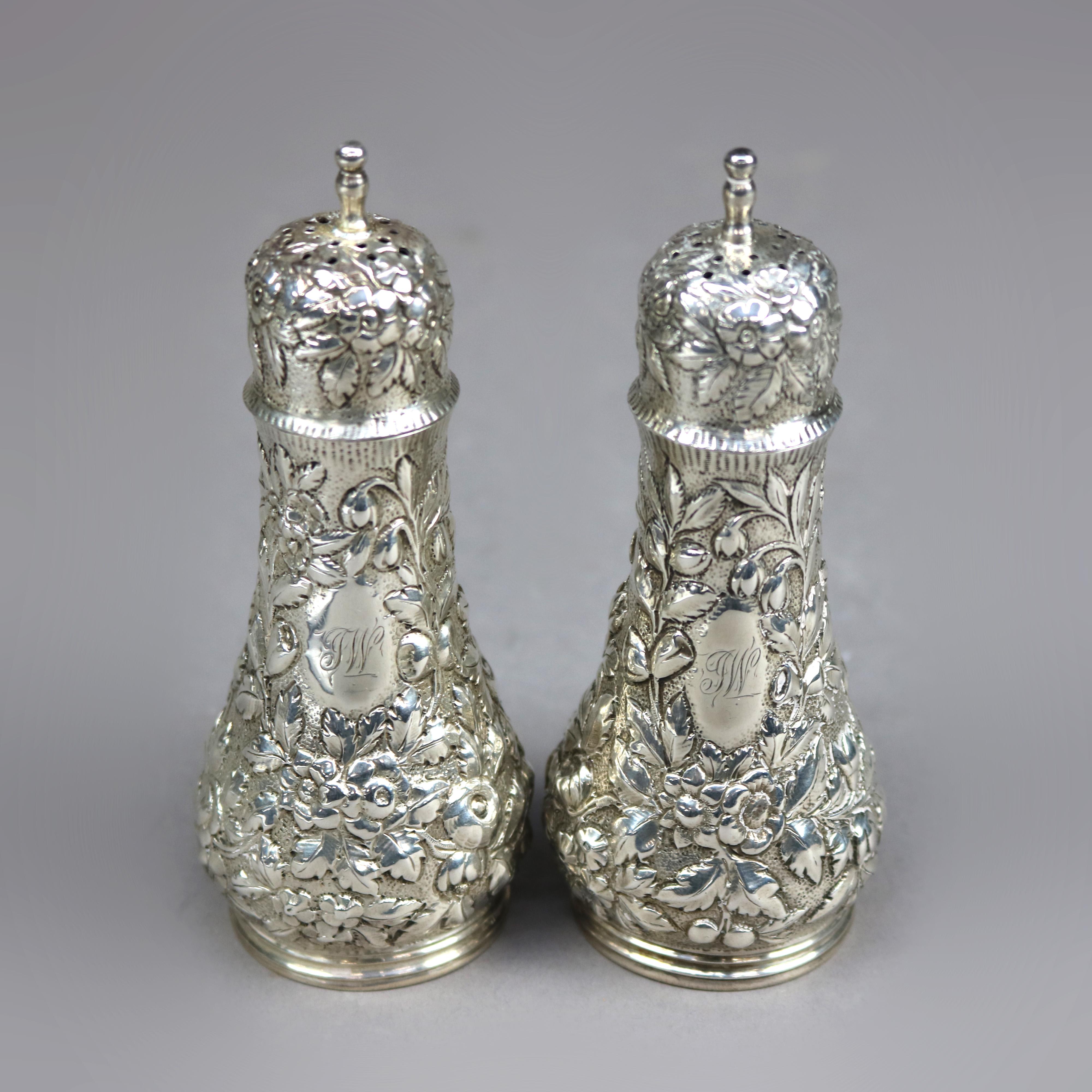 American Pair Floral Repousse Sterling Silver Salt & Peppers by S. Kirk & Sons, c1890