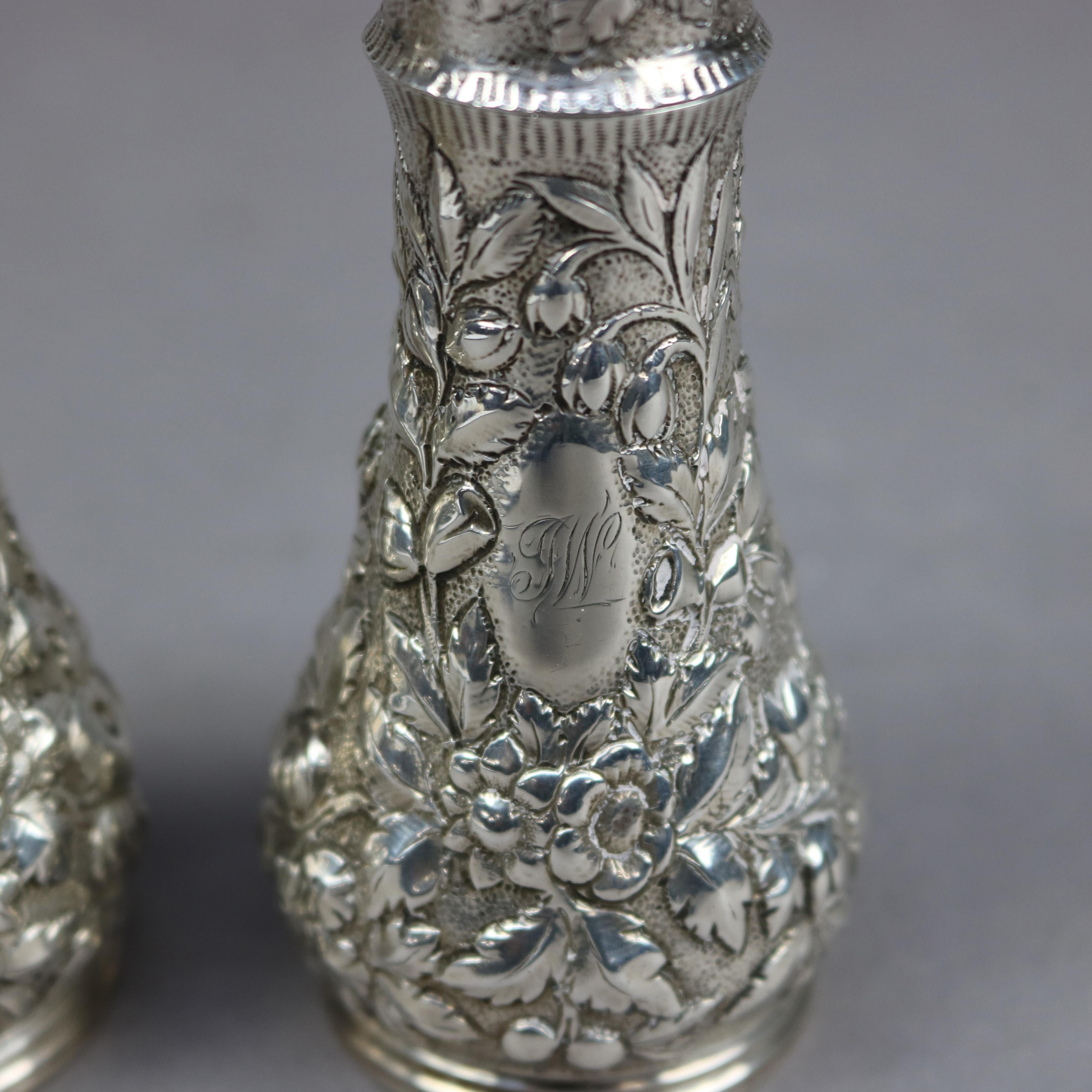 Pair Floral Repousse Sterling Silver Salt & Peppers by S. Kirk & Sons, c1890 In Good Condition In Big Flats, NY