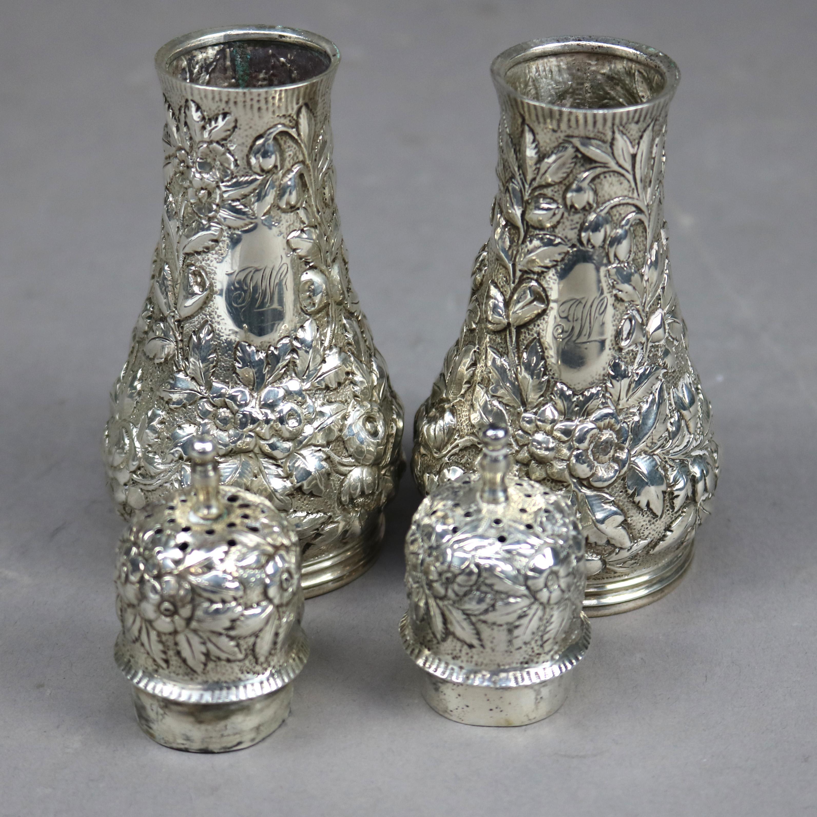 Pair Floral Repousse Sterling Silver Salt & Peppers by S. Kirk & Sons, c1890 2