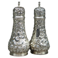 Pair Floral Repousse Sterling Silver Salt & Peppers by S. Kirk & Sons, c1890