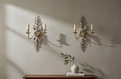 Pair Floral Sconces by Maison Bagues in Crystal and Gold Metal