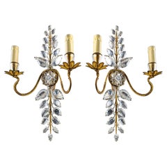 Pair Floral Sconces by Maison Bagues in Crystal and Gold Metal