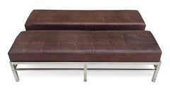 Pair Florence Knoll or MCM Style Brown Leather Benches on Chromed Steel Bases