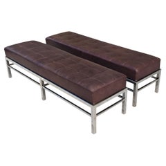 Pair Florence Knoll or MCM Style Brown Leather Benches on Chromed Steel Bases 