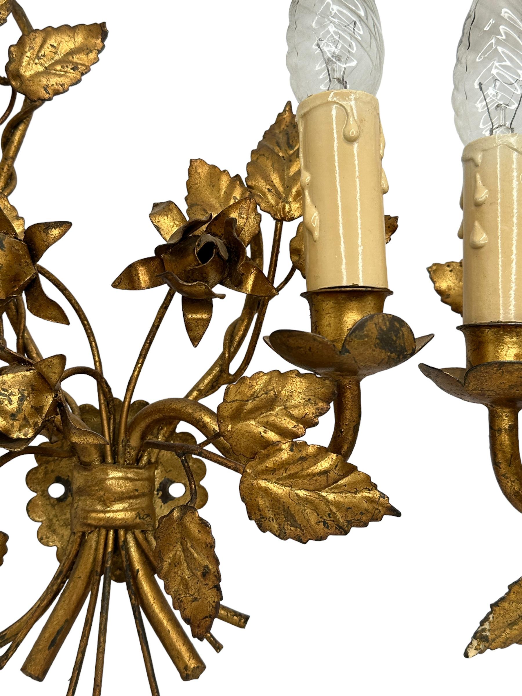 Pair Florentine Gold Gilt Metal Rose Two Light Sconces Toleware Tole by Koegl  For Sale 4
