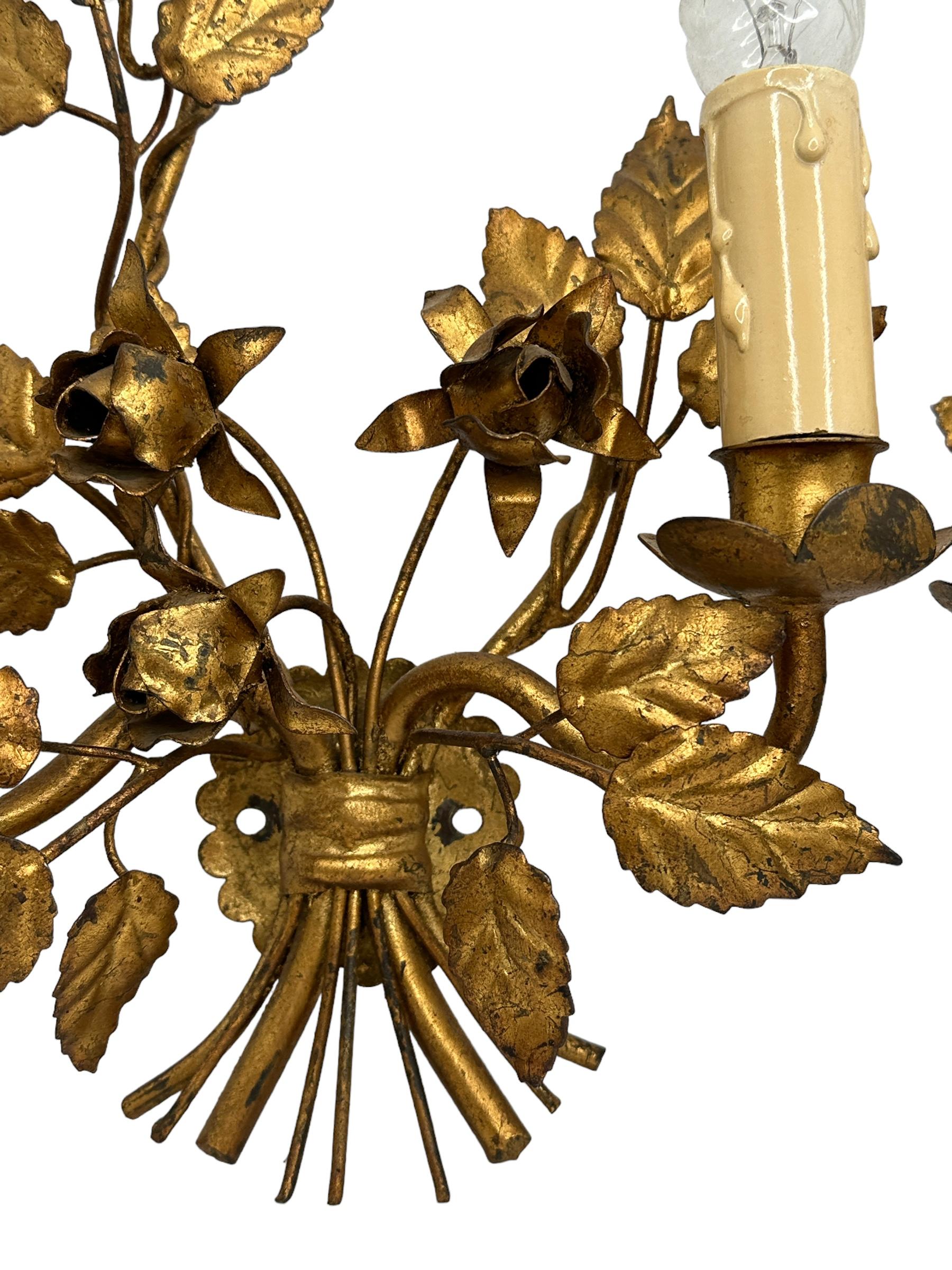 Pair Florentine Gold Gilt Metal Rose Two Light Sconces Toleware Tole by Koegl  For Sale 5
