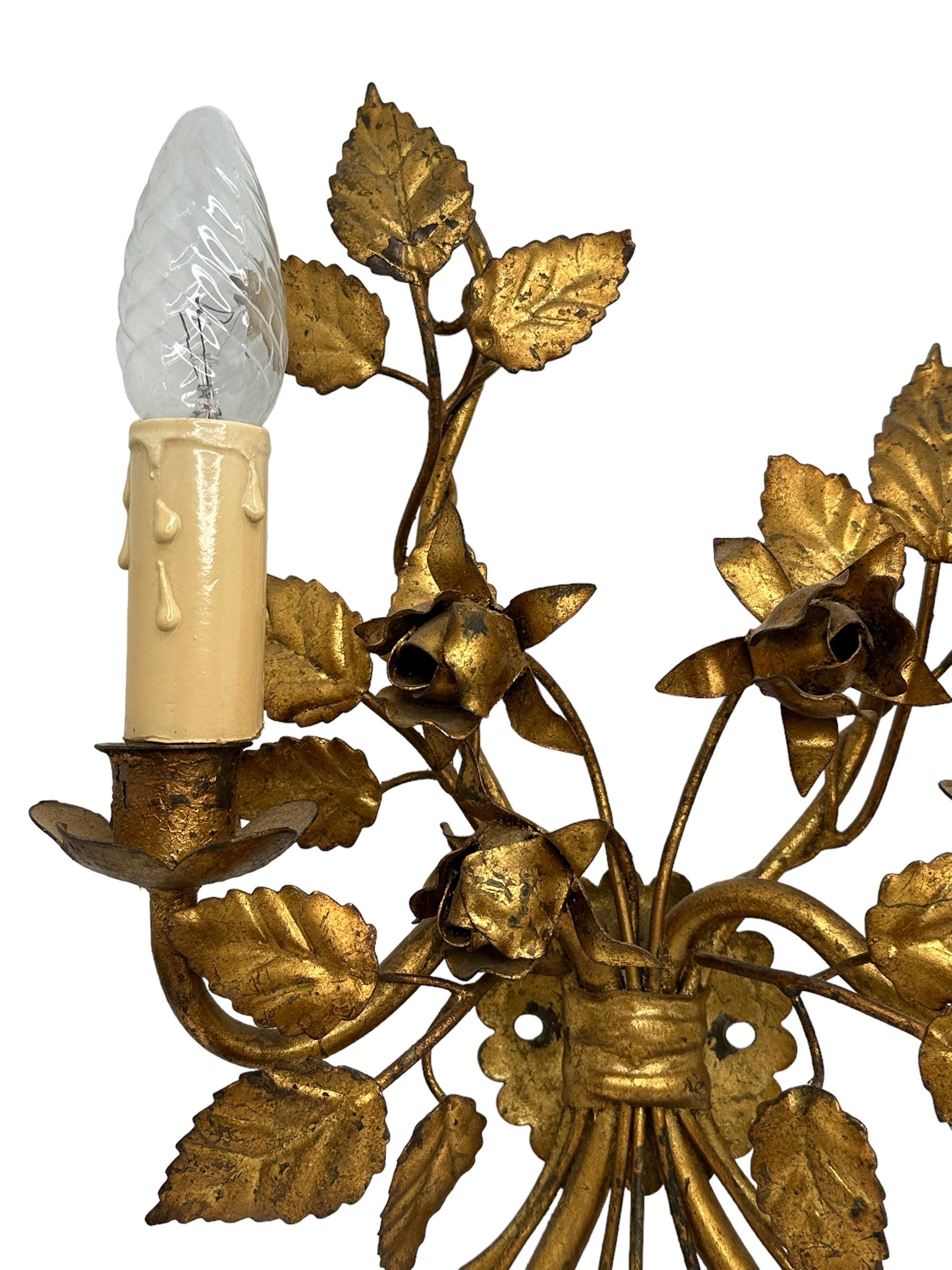 Pair Florentine Gold Gilt Metal Rose Two Light Sconces Toleware Tole by Koegl  For Sale 6