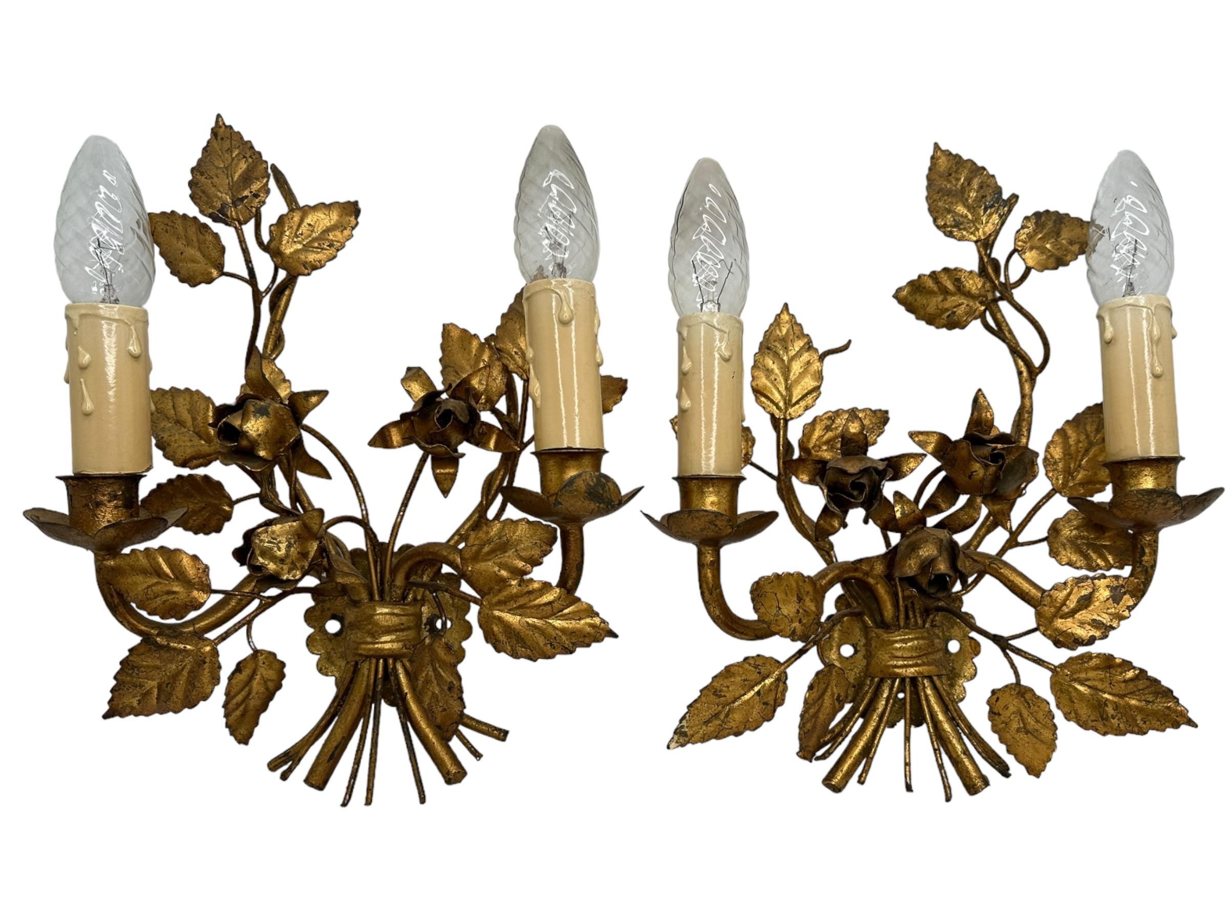 Hollywood Regency Pair Florentine Gold Gilt Metal Rose Two Light Sconces Toleware Tole by Koegl  For Sale